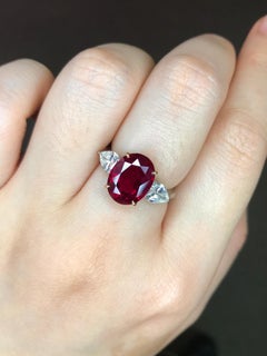 GRS & Gübelin Certified 5.99 Carat Vivid Red Ruby Diamond Platinum Ring