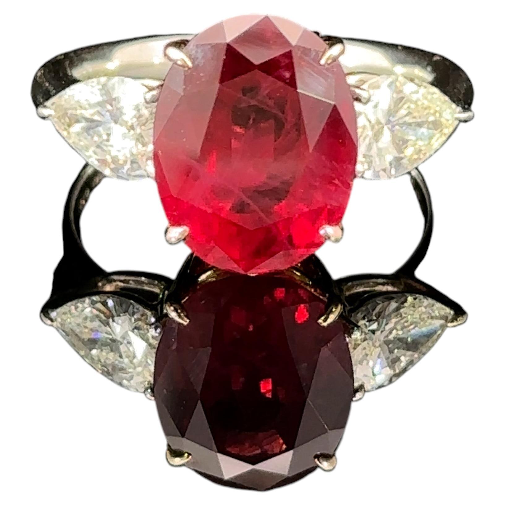 GRS & Gübelin Certified 5.99 Carat Vivid Red Ruby Diamond Platinum Ring For Sale
