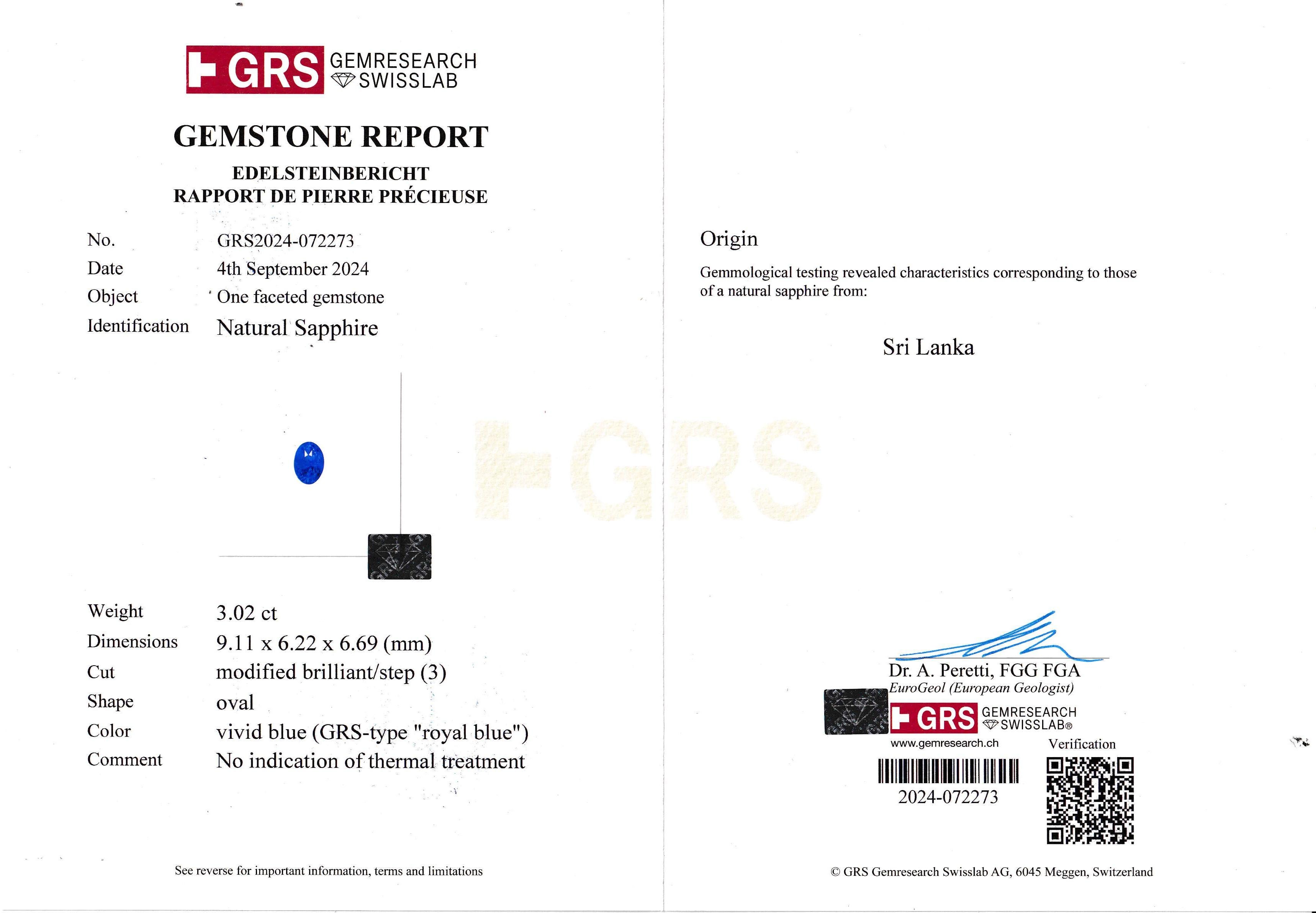 GRS IGI Zertifizierter 3 Karat Ceylon Unbehandelter Ovaler Blauer Saphir Diamant Ring (Zeitgenössisch) im Angebot