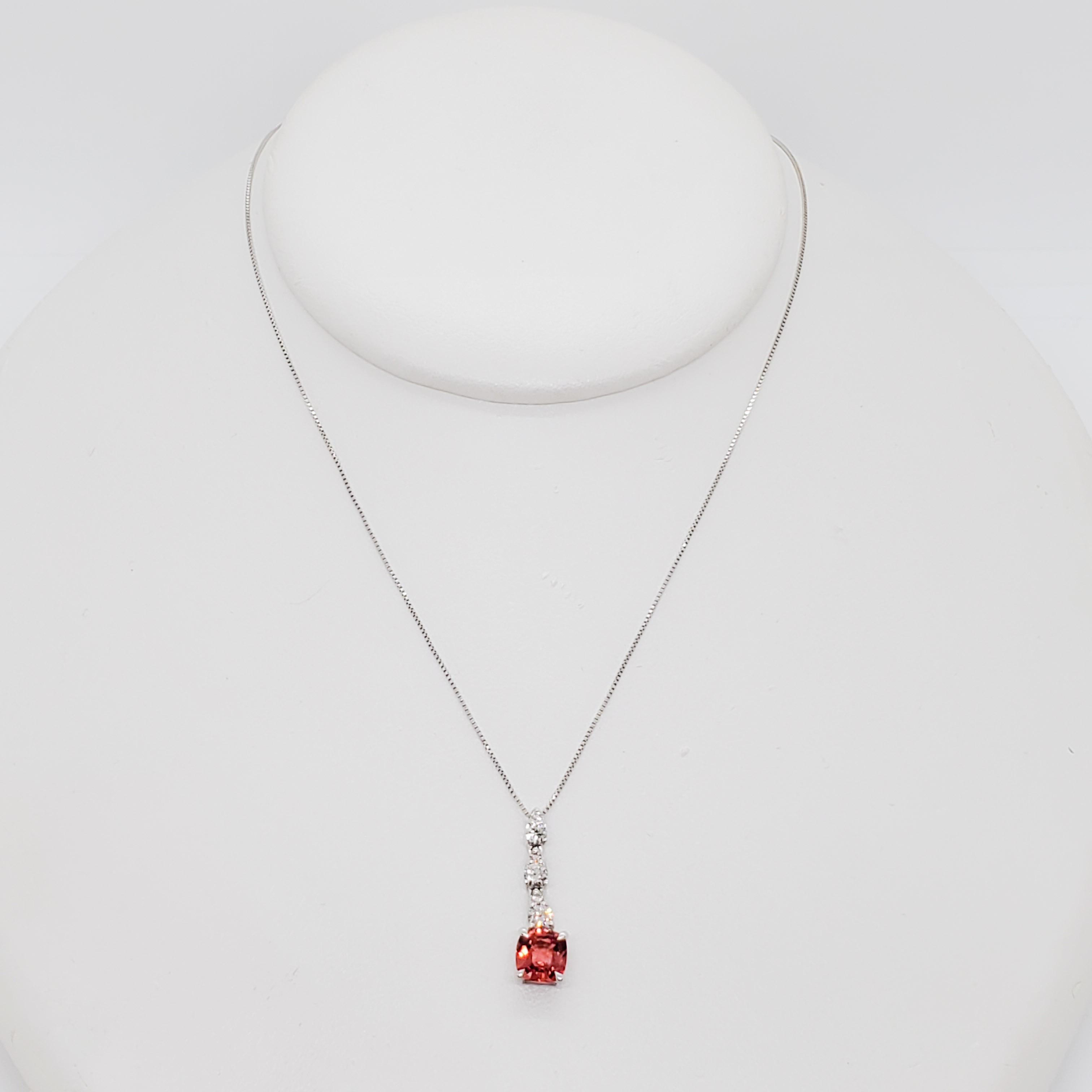 GRS Lab Padparadscha Cushion and White Diamond Pendant Necklace In New Condition In Los Angeles, CA