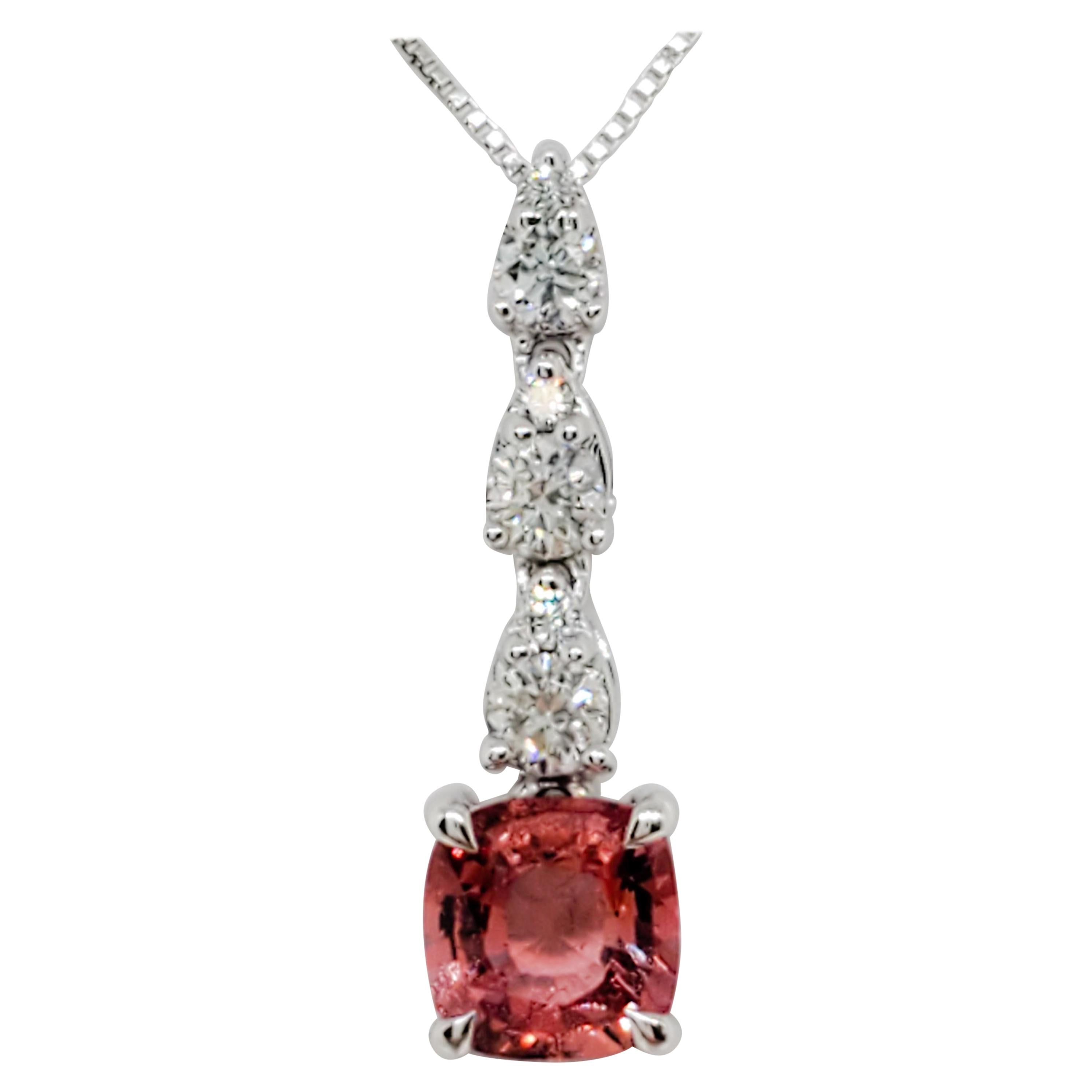 GRS Lab Padparadscha Cushion and White Diamond Pendant Necklace