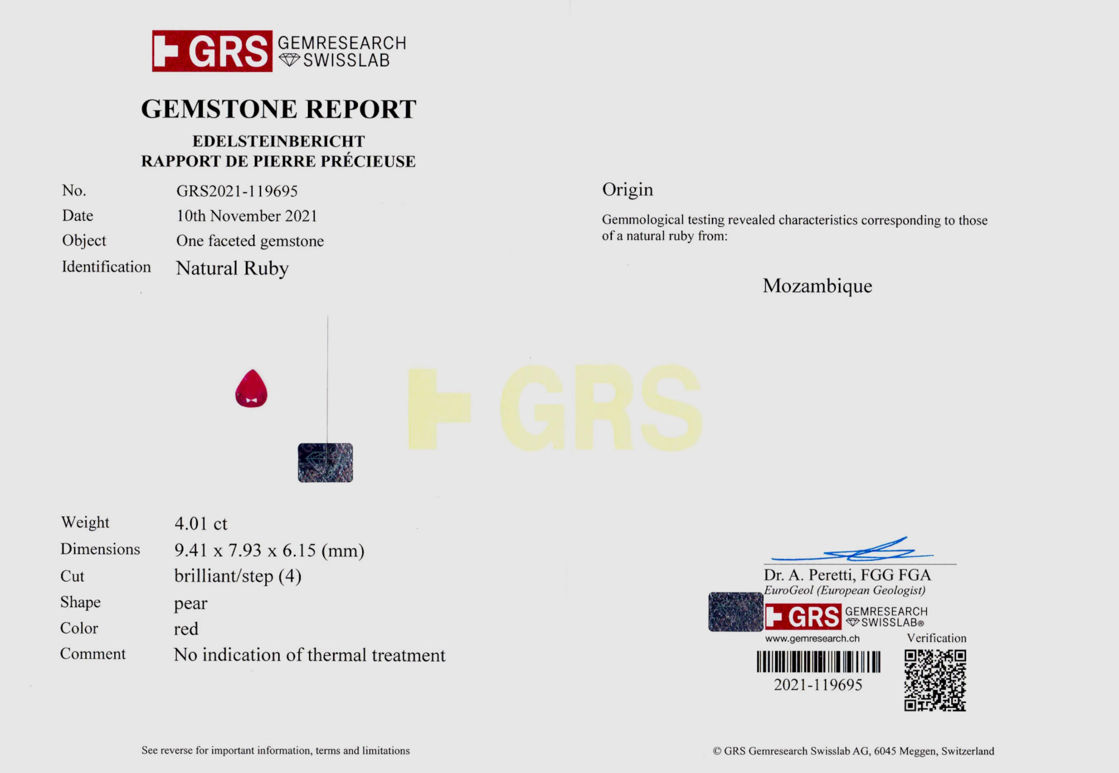 Pear Cut GRS Mozambique 4 Carat Ruby (NO TREATMENT) Diamond Platinum Necklace For Sale