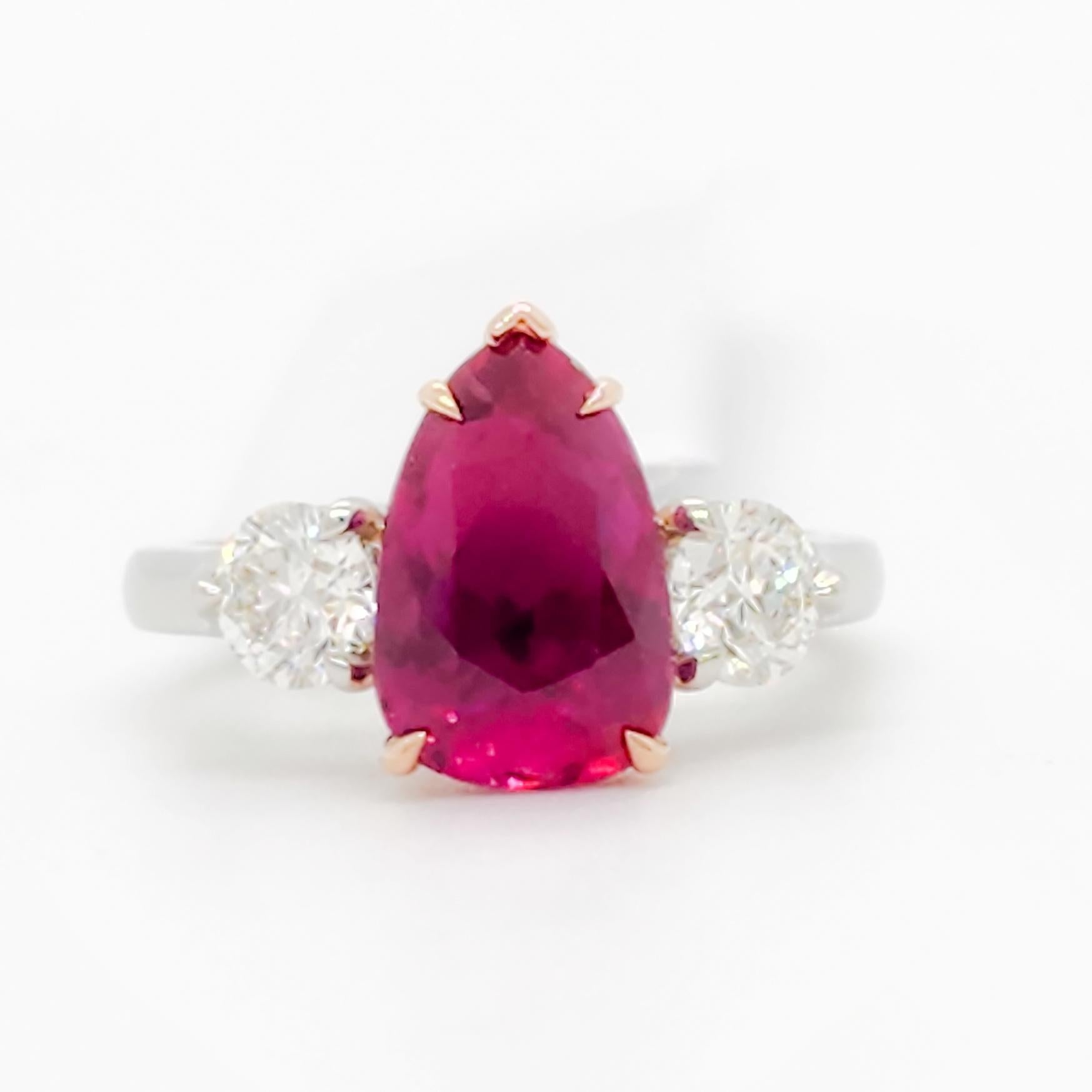 Pear Cut GRS Mozambique Ruby and Diamond Three Stone Ring in 18k Rose Gold and Platinum