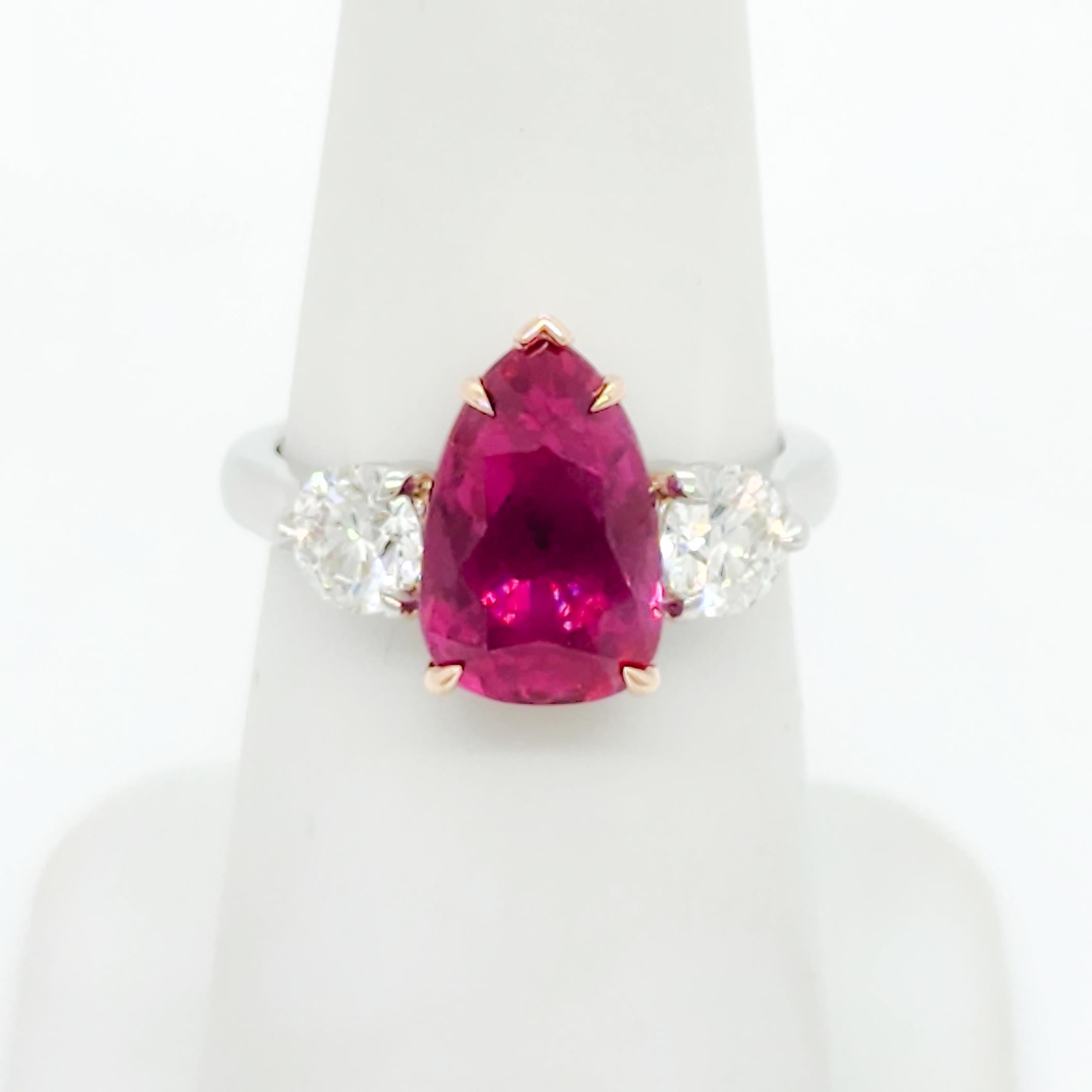Women's or Men's GRS Mozambique Ruby and Diamond Three Stone Ring in 18k Rose Gold and Platinum