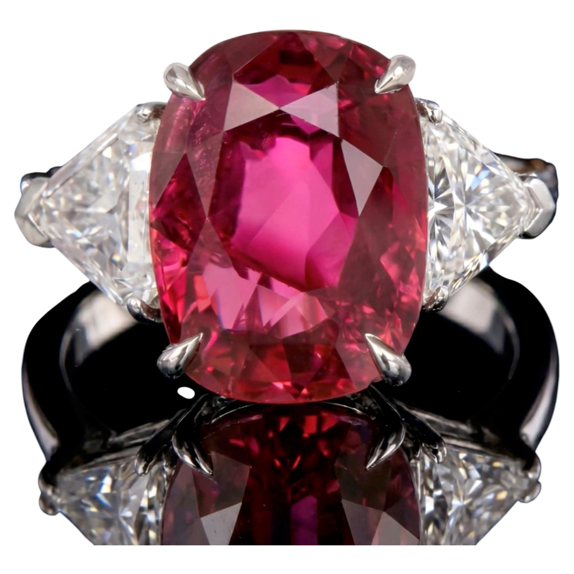 GRS No Heat 5.50ct Ruby Diamond Platinum Three Stone Ring