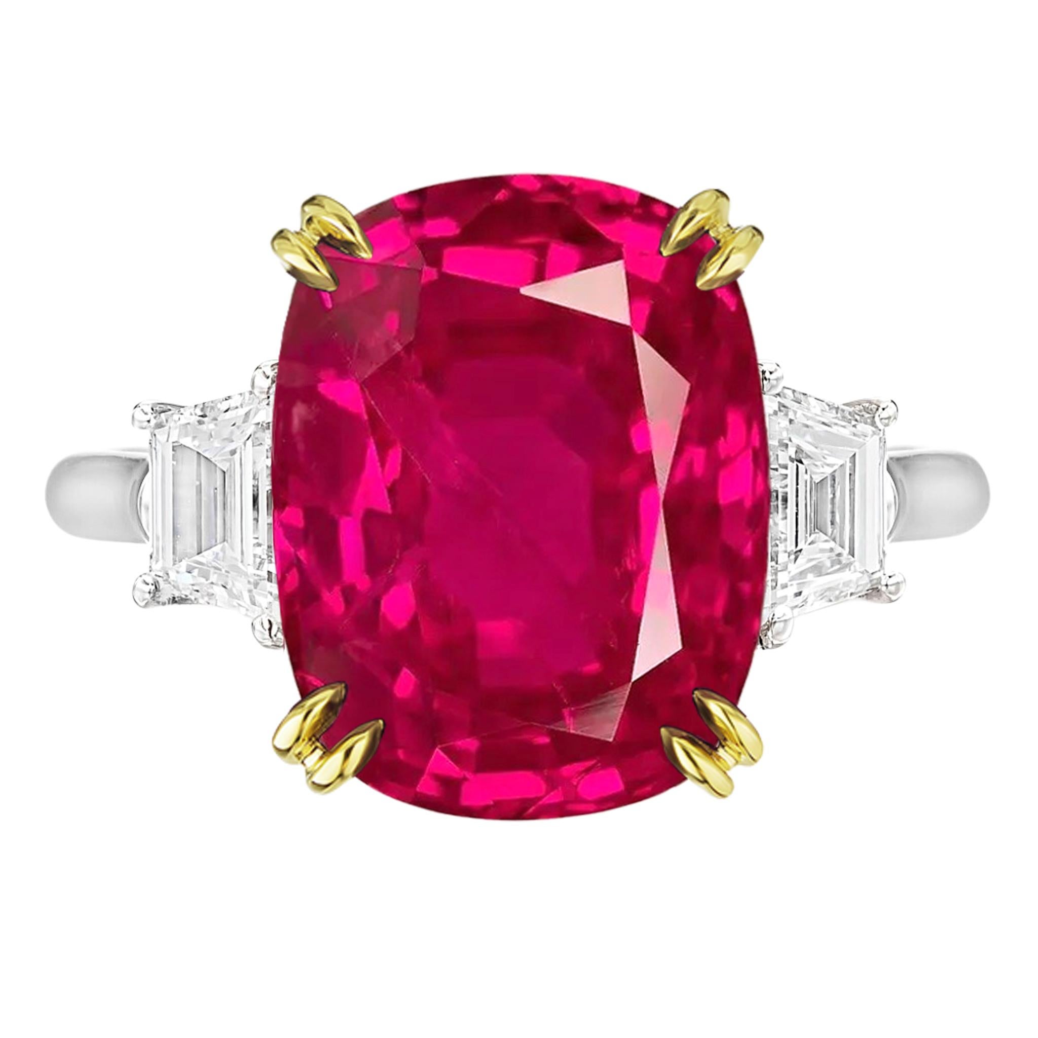 Contemporary GRS No Heat Certified 5.05 Carat Ruby Cushion Diamond Ring For Sale
