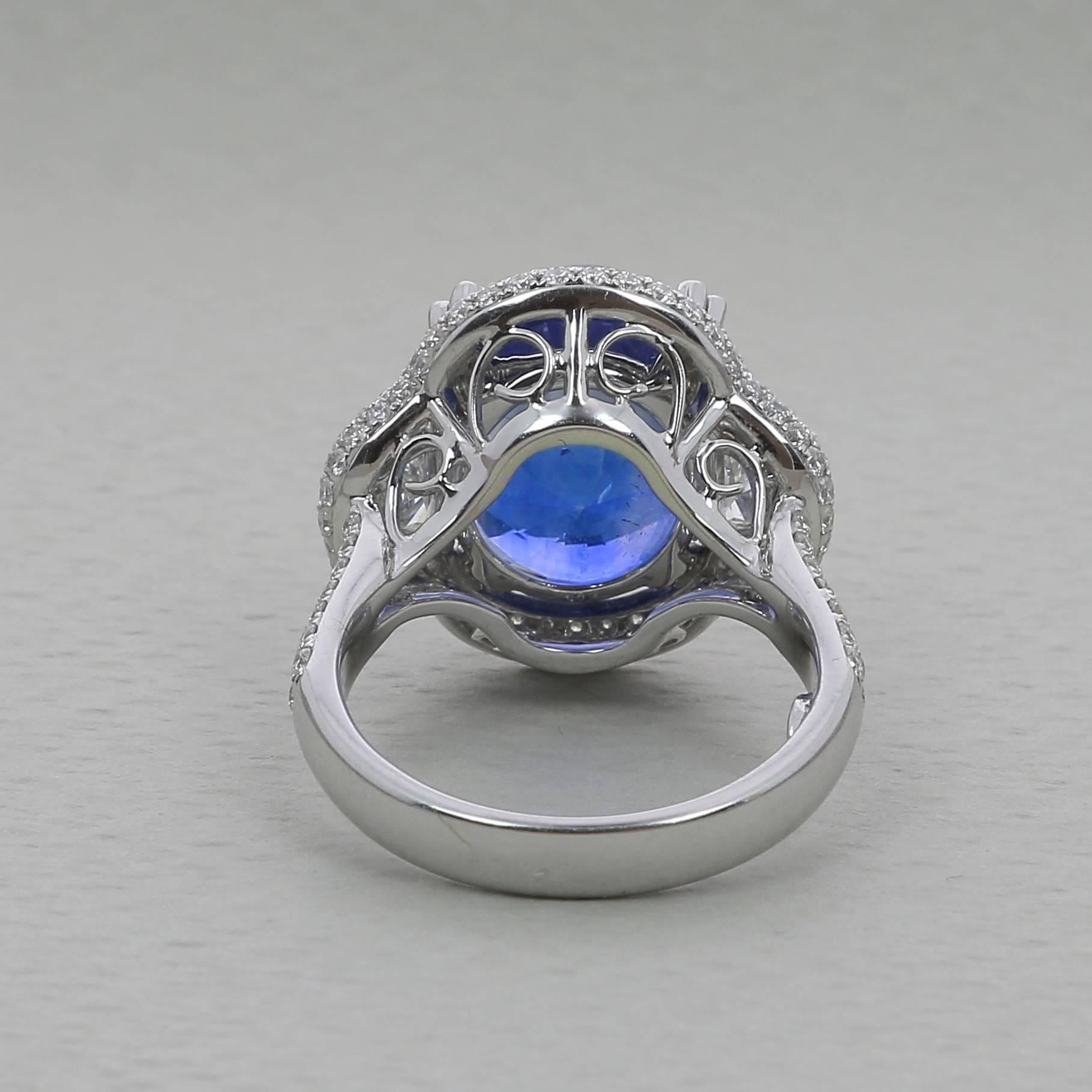 12.47 Carat Blue Sapphire Cocktail Ring Round/Half Moon Diamonds 18K White Gold In New Condition For Sale In Istanbul, TR