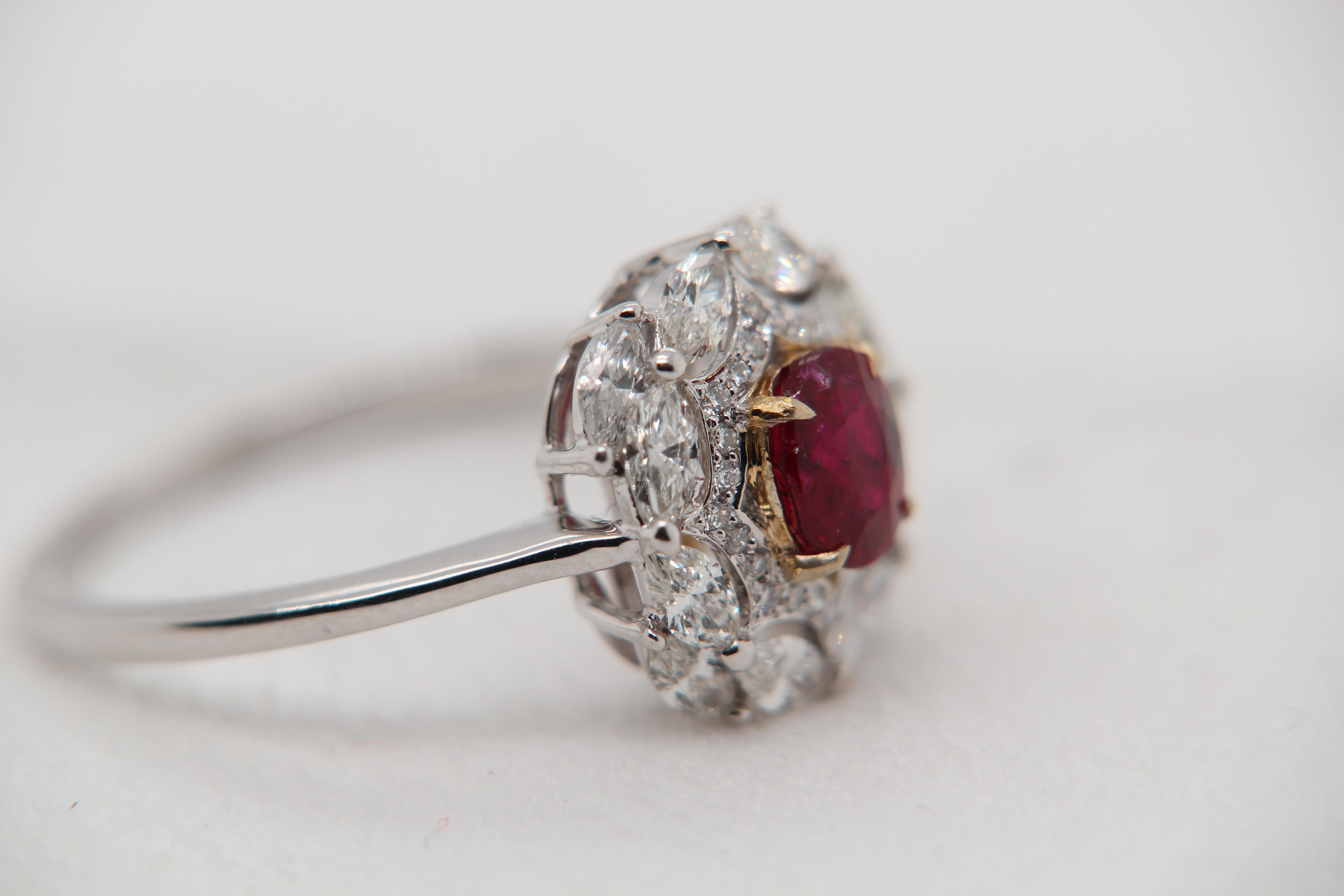 GRS Pigeon Blood 1.02 Carat Burmese No Heat Ruby and Diamond Ring 18 Karat Gold In New Condition For Sale In Bangkok, TH