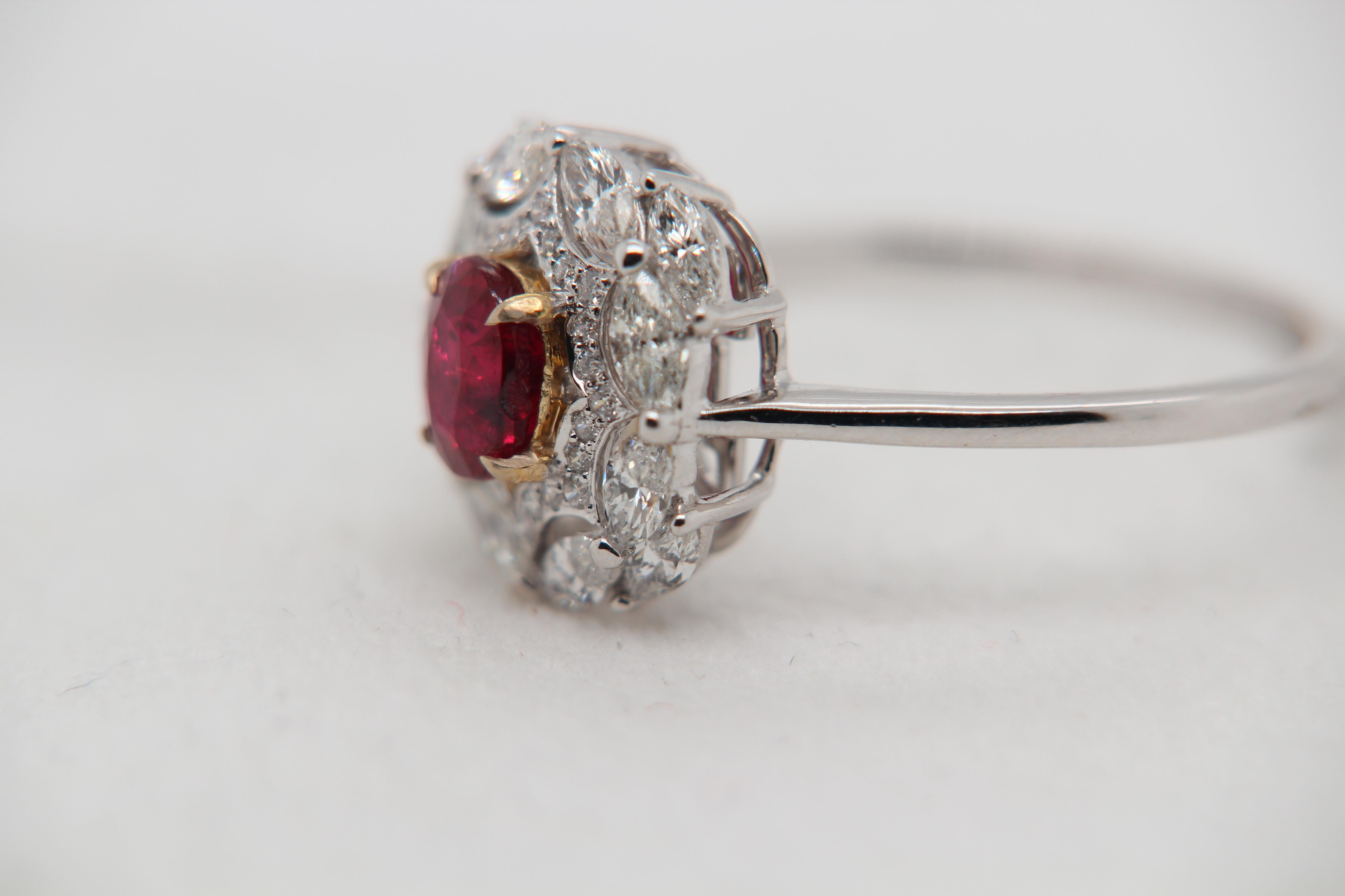 Women's or Men's GRS Pigeon Blood 1.02 Carat Burmese No Heat Ruby and Diamond Ring 18 Karat Gold For Sale