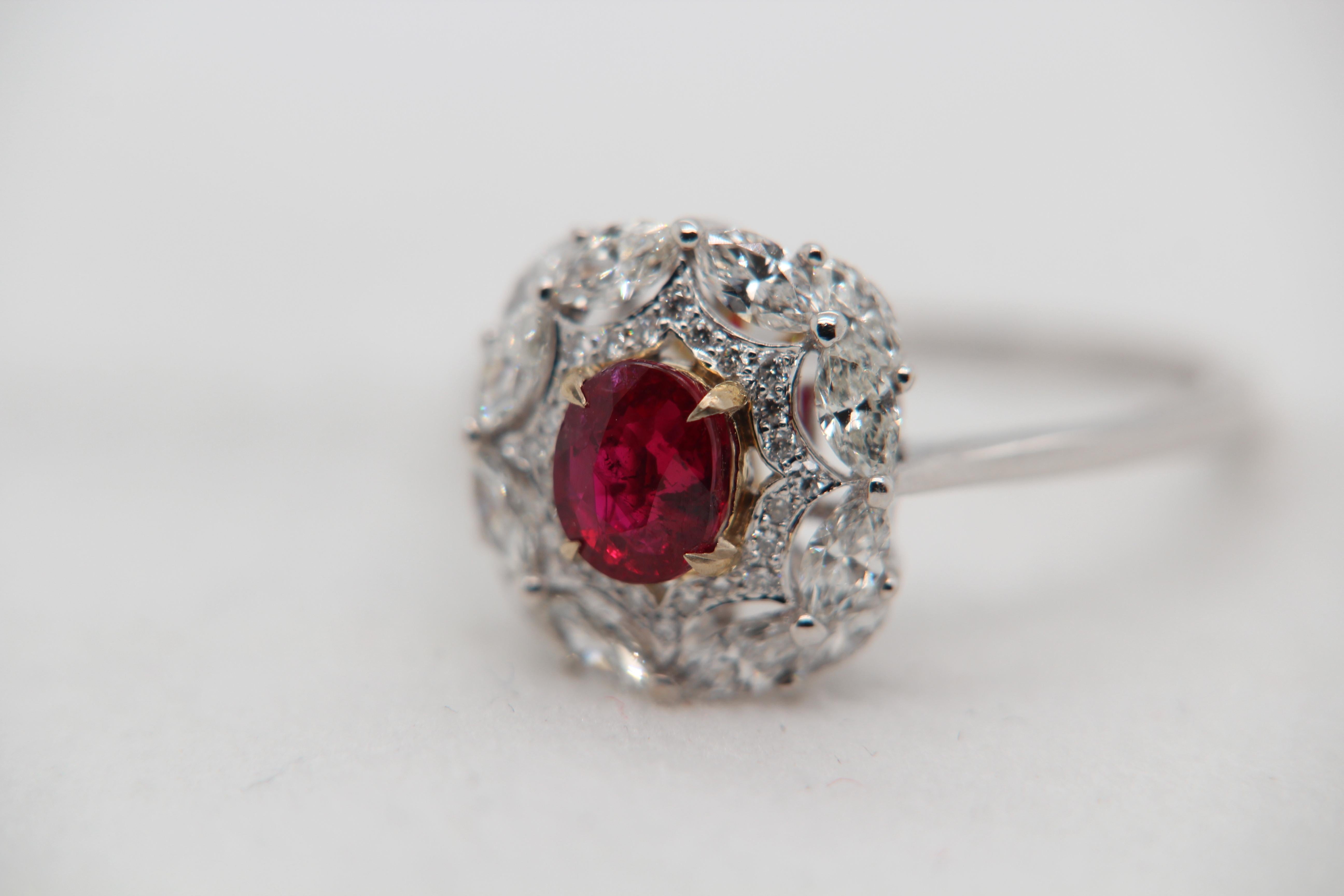 GRS Pigeon Blood 1.02 Carat Burmese No Heat Ruby and Diamond Ring 18 Karat Gold For Sale 1