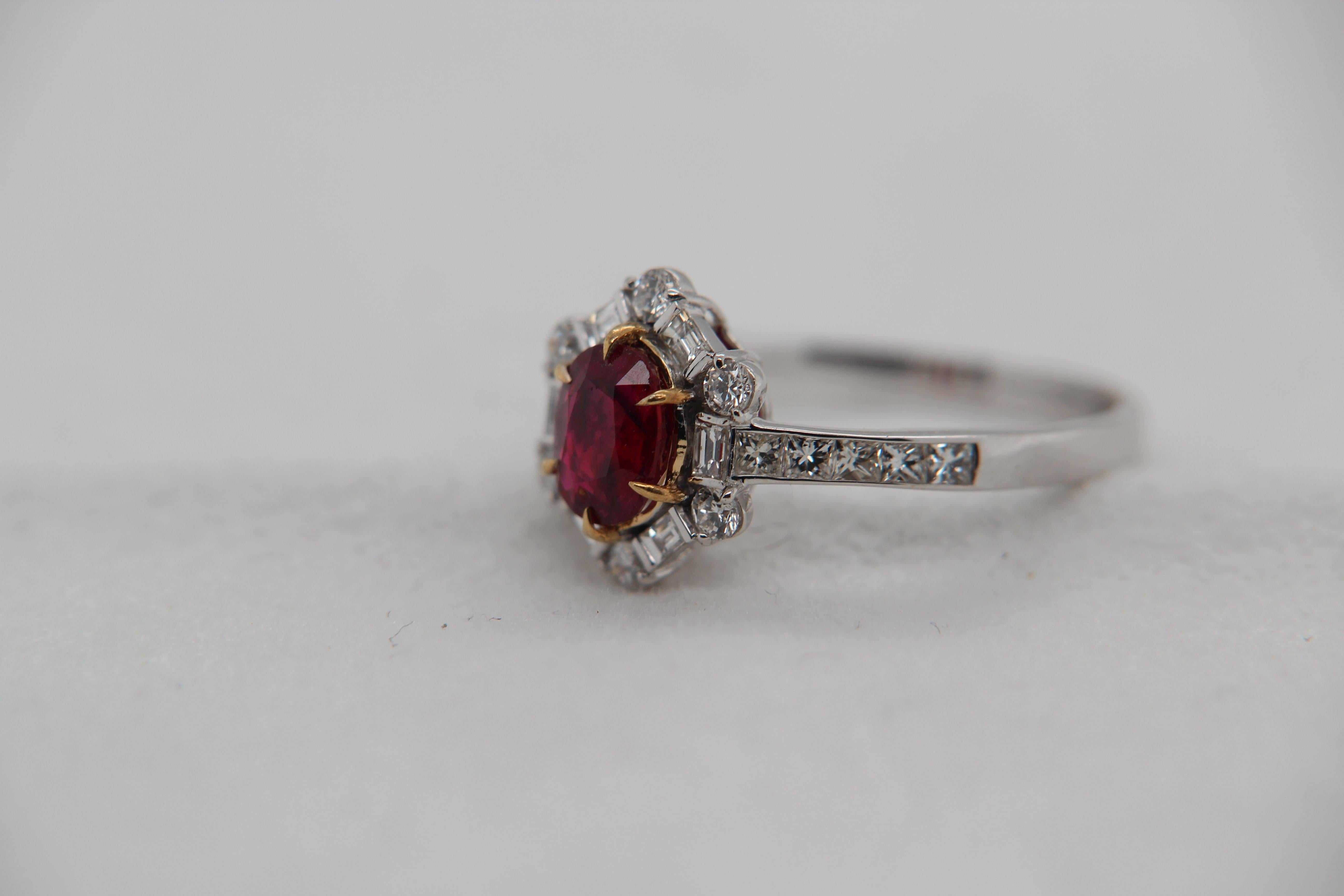 Oval Cut GRS Pigeon Blood 1.02 Carat Burmese No Heat Ruby and Diamond Ring in 18K Gold