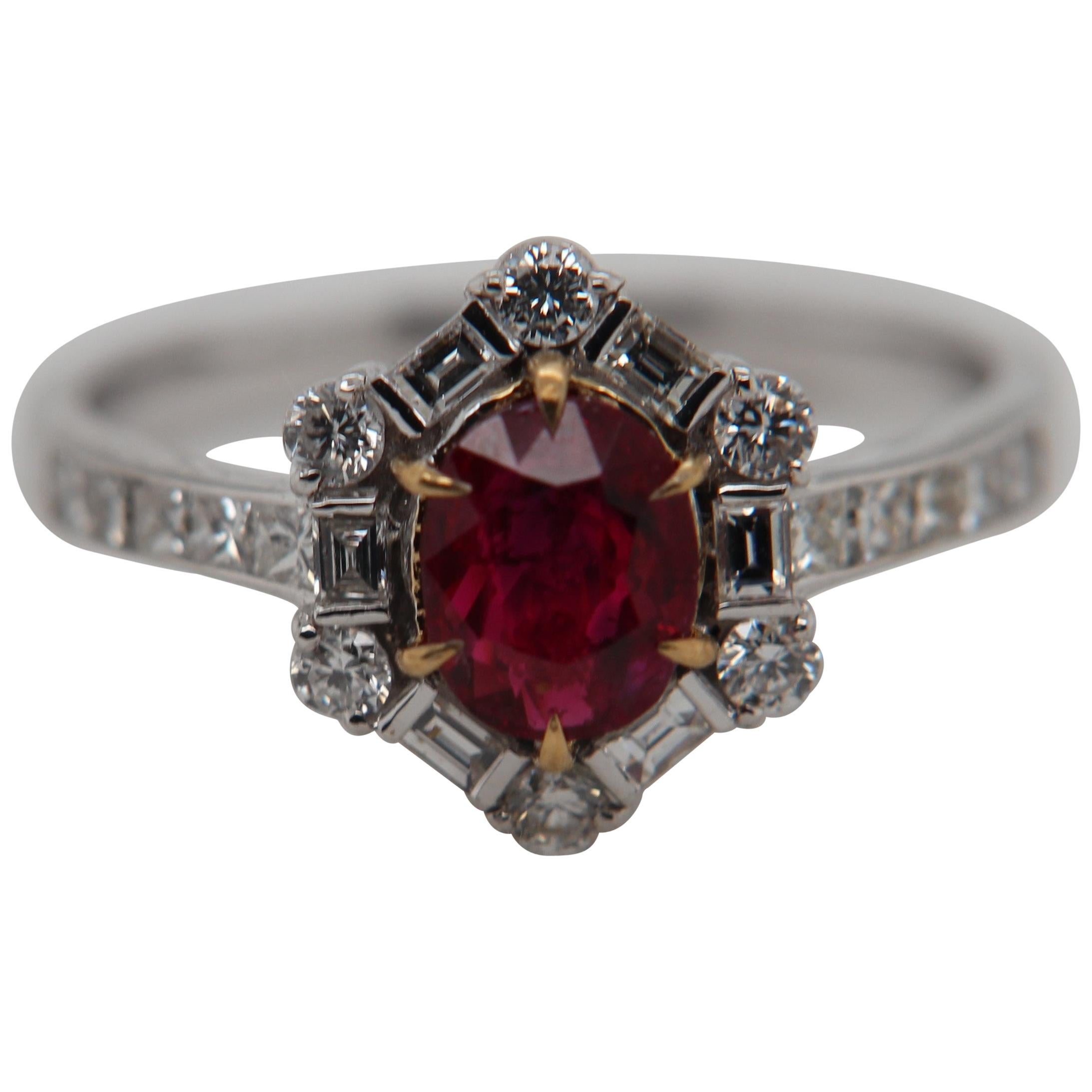 GRS Pigeon Blood 1.02 Carat Burmese No Heat Ruby and Diamond Ring in 18K Gold