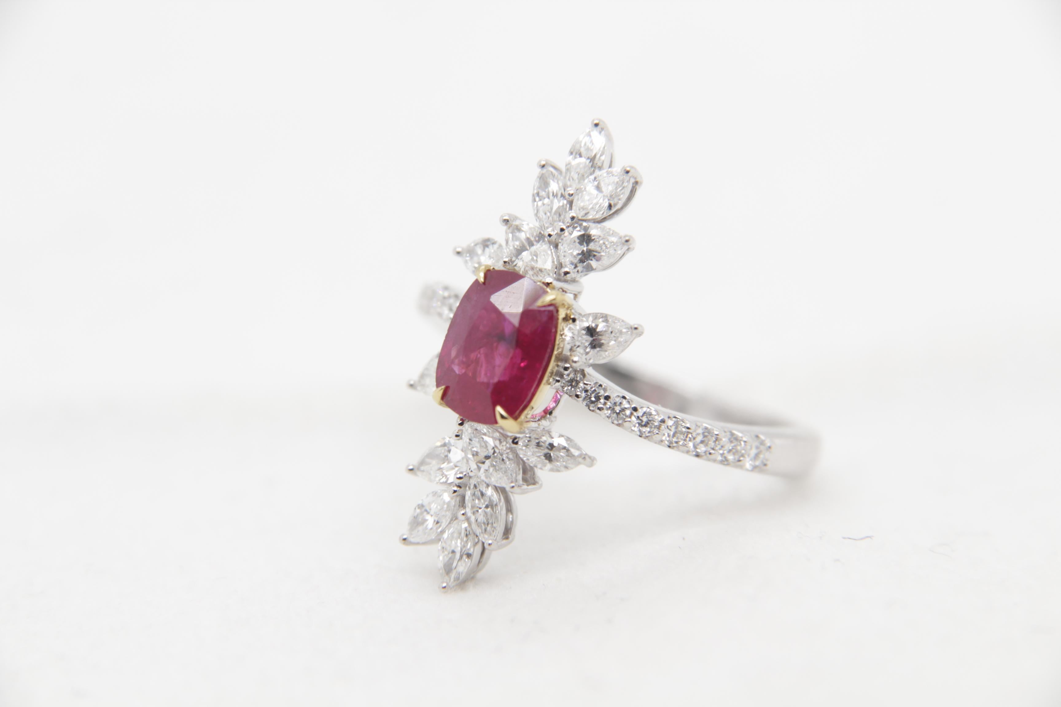Cushion Cut GRS Pigeon Blood 1.13 Carat Burmese No Heat Ruby and Diamond Ring in 18k Gold For Sale