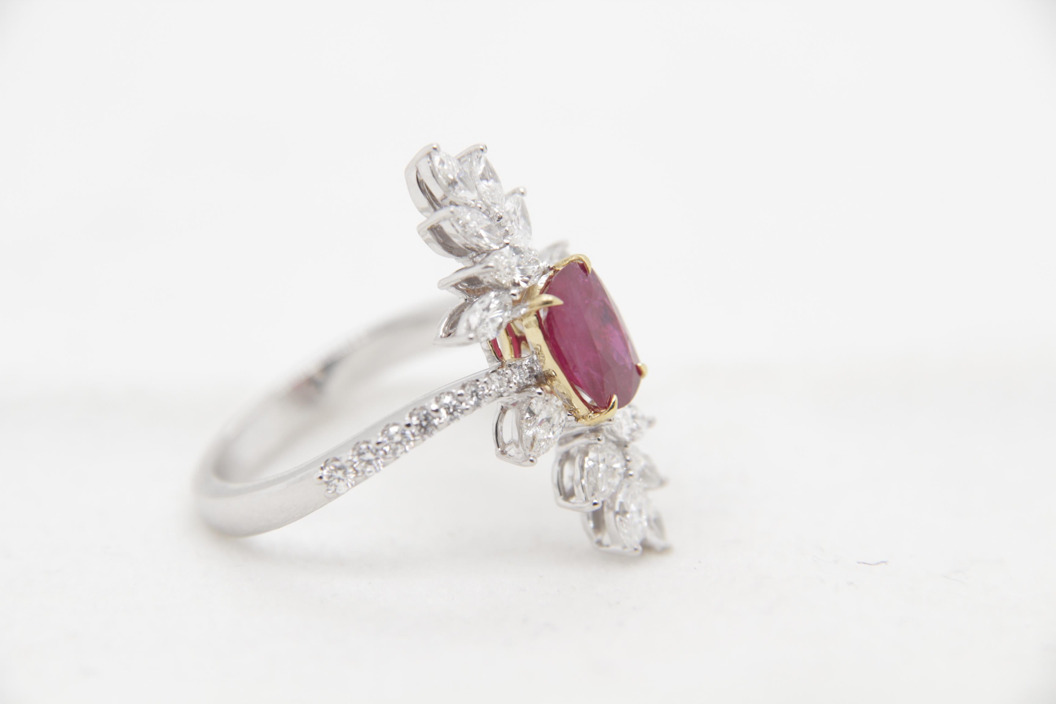 Women's or Men's GRS Pigeon Blood 1.13 Carat Burmese No Heat Ruby and Diamond Ring in 18k Gold For Sale
