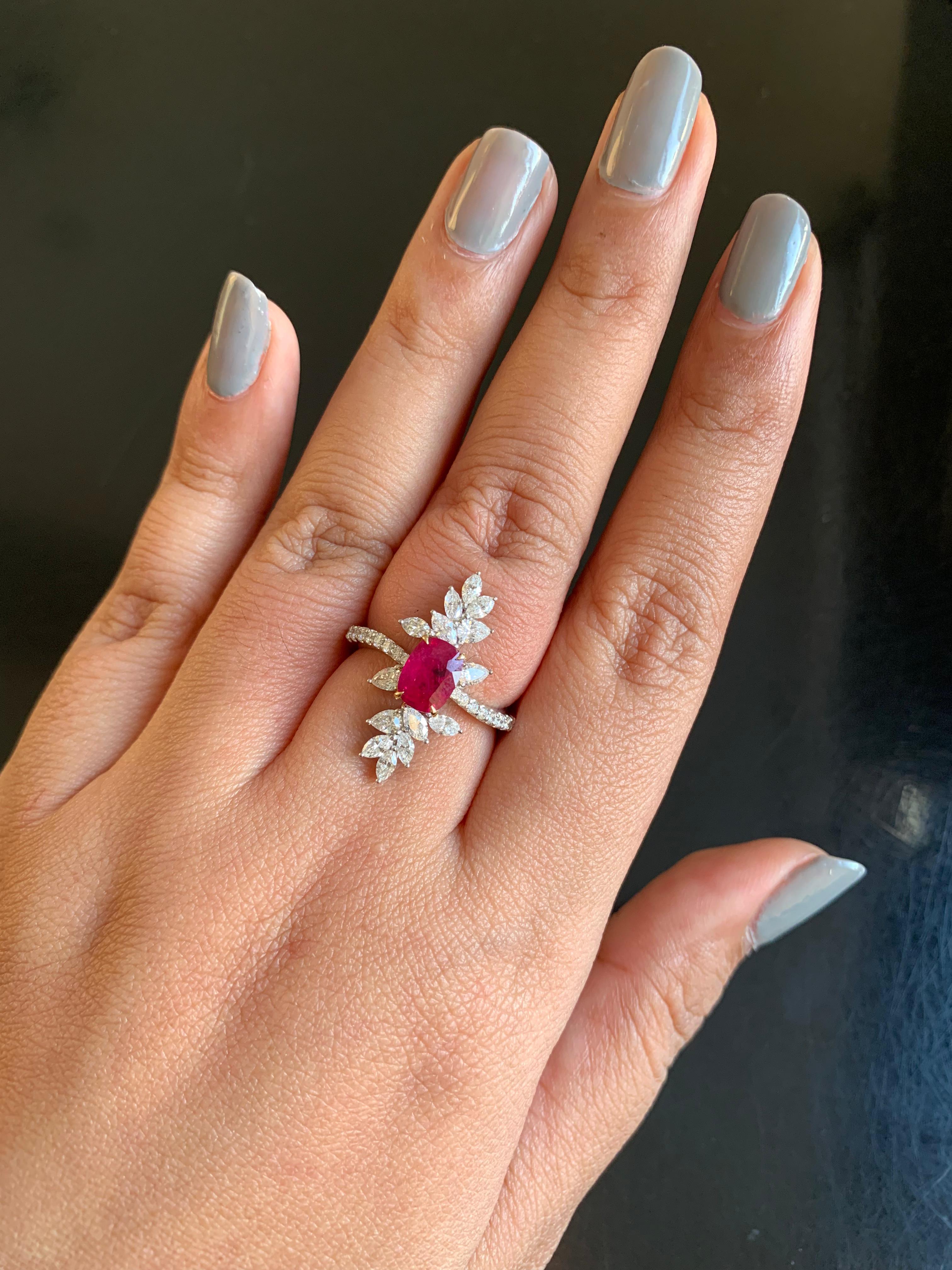 GRS Pigeon Blood 1.13 Carat Burmese No Heat Ruby and Diamond Ring in 18k Gold For Sale 3