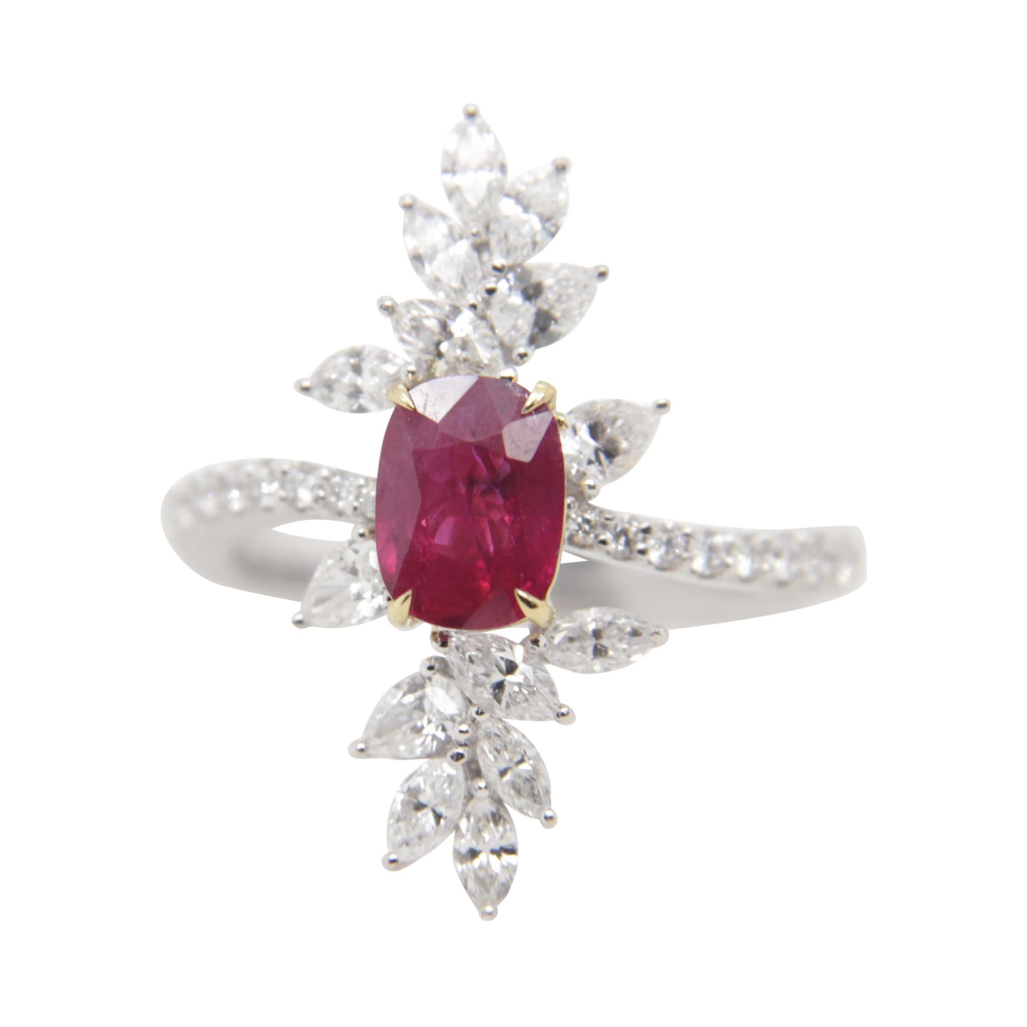 GRS Pigeon Blood 1.13 Carat Burmese No Heat Ruby and Diamond Ring in 18k Gold For Sale
