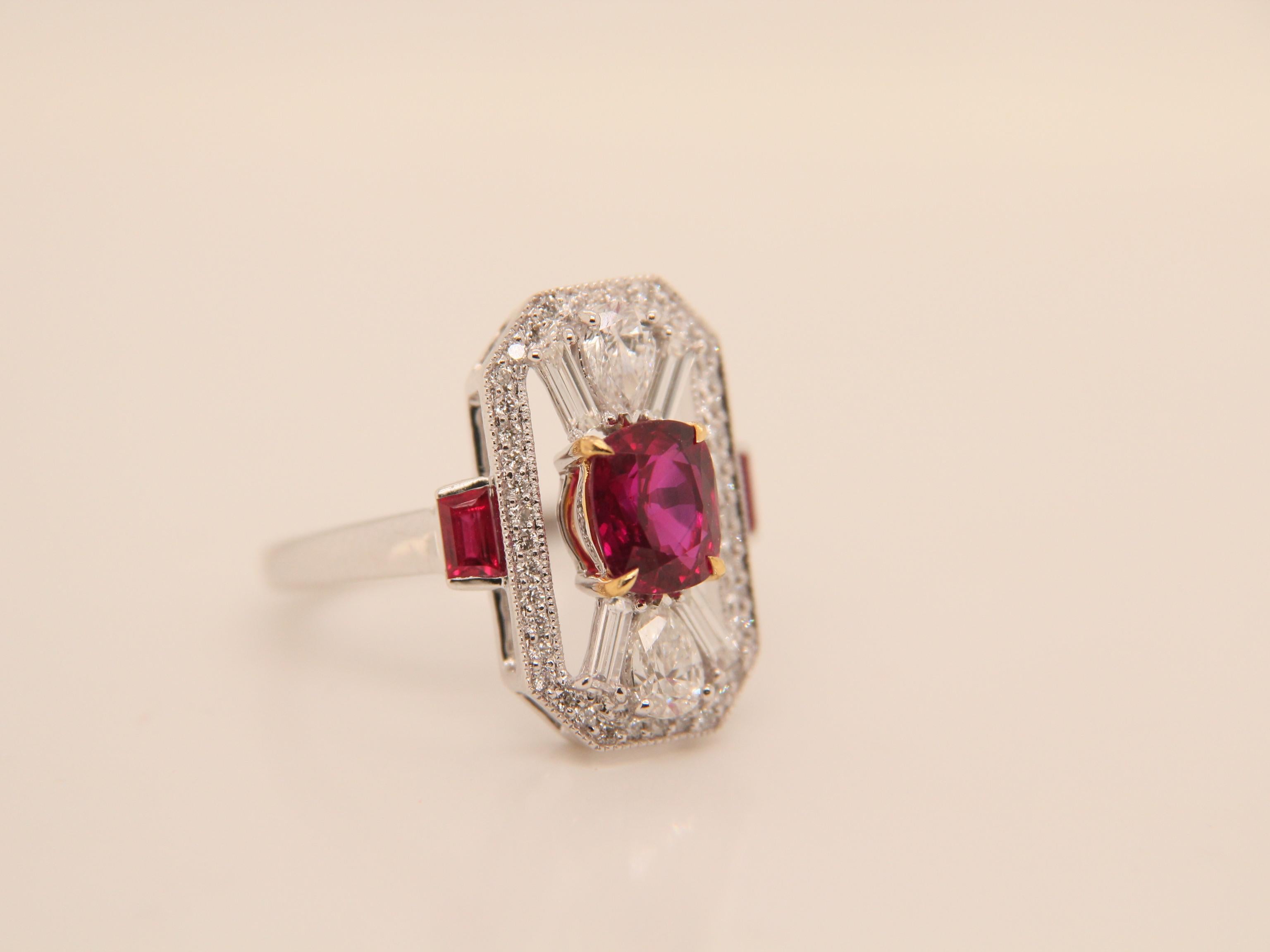 For Sale:  GRS Pigeon Blood 1.44 Carat Burmese No Heat Ruby and Diamond Ring in 18K Gold 5