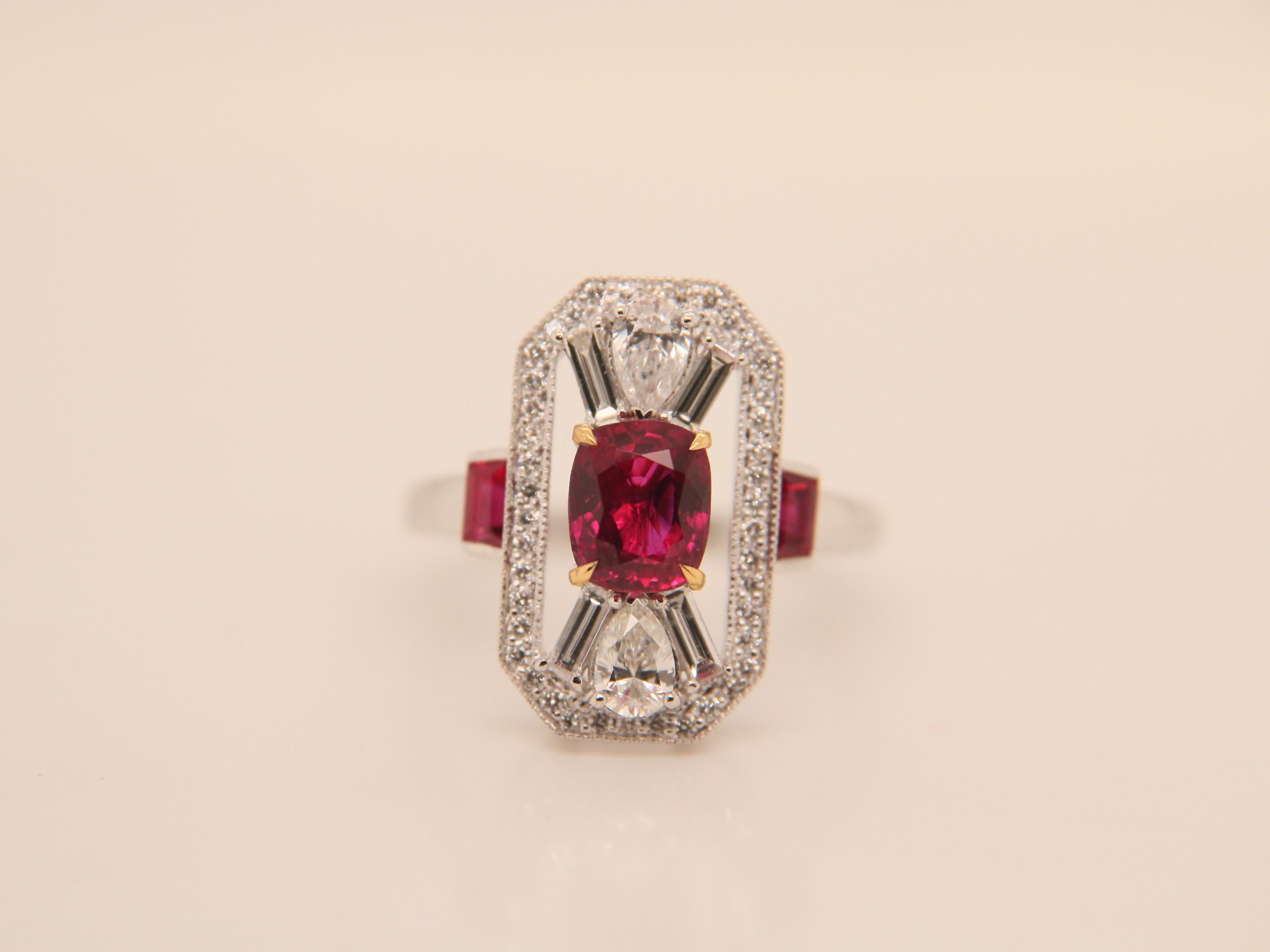 For Sale:  GRS Pigeon Blood 1.44 Carat Burmese No Heat Ruby and Diamond Ring in 18K Gold 6