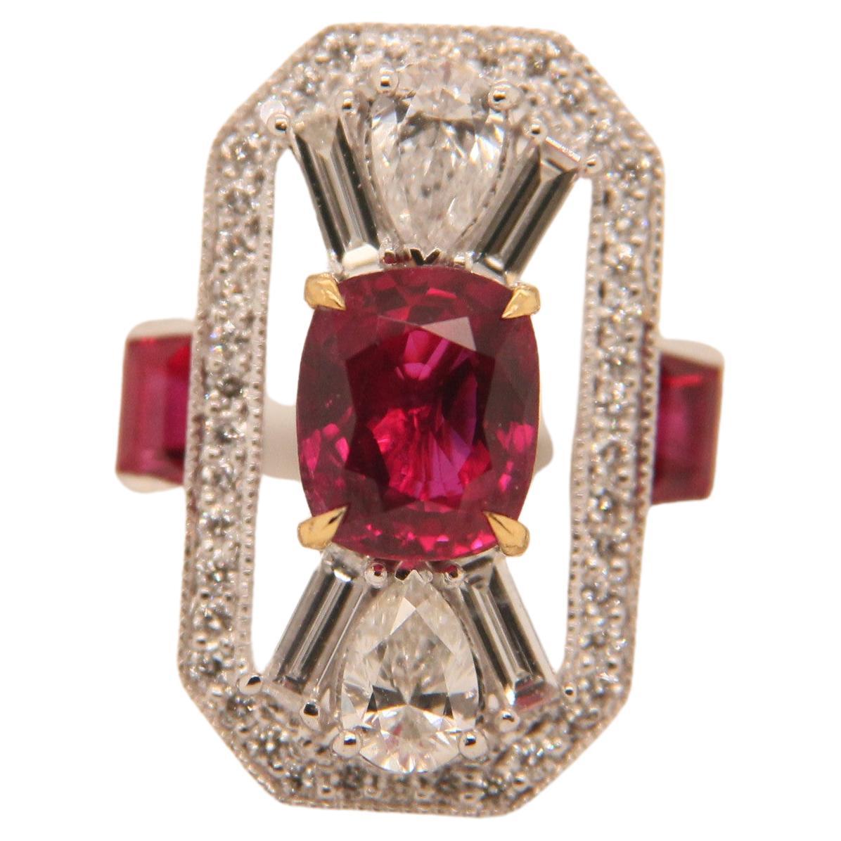 For Sale:  GRS Pigeon Blood 1.44 Carat Burmese No Heat Ruby and Diamond Ring in 18K Gold