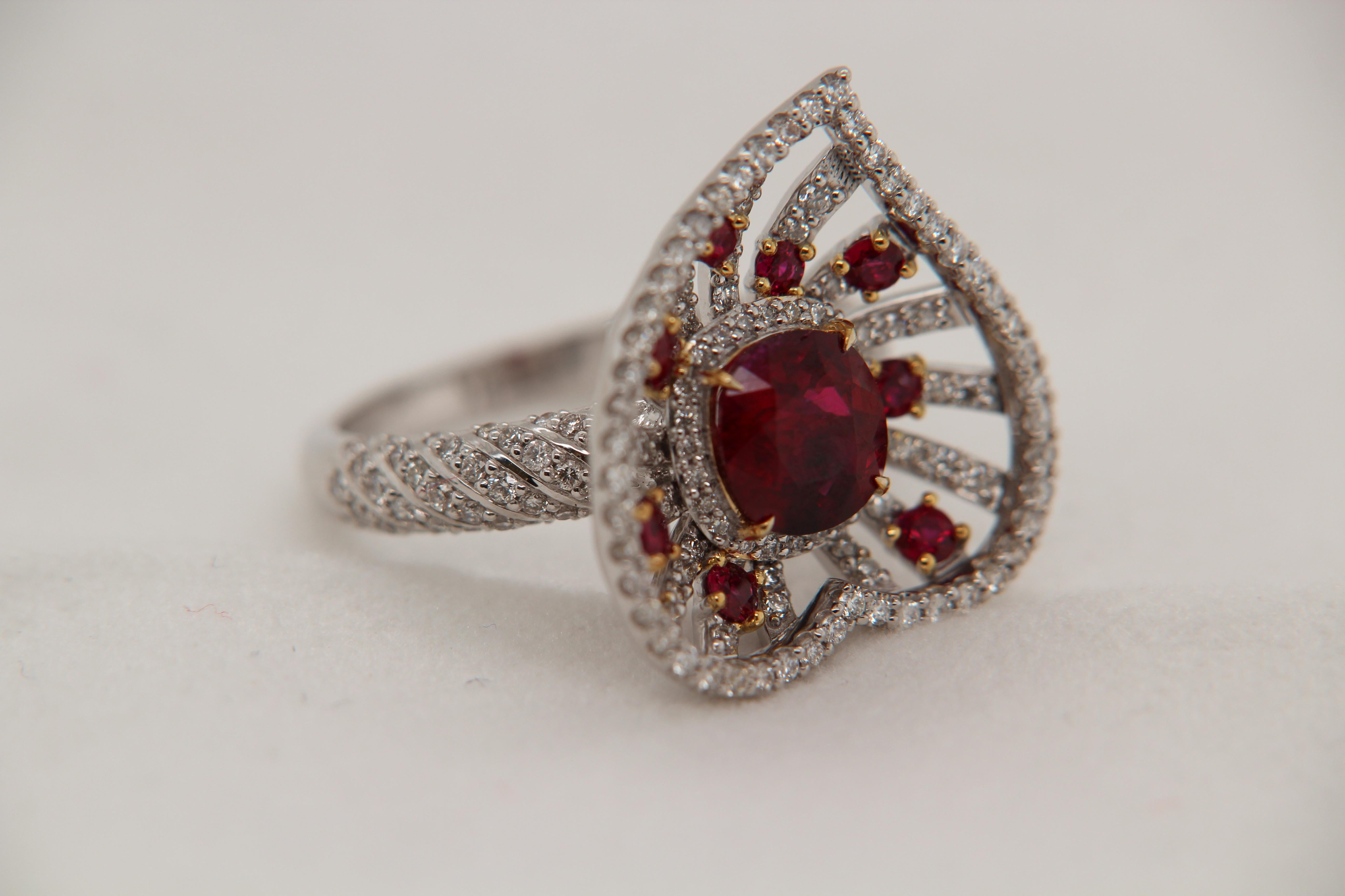 Cushion Cut GRS Pigeon Blood 1.70 Carat Burmese No Heat Ruby and Diamond Ring in 18K Gold