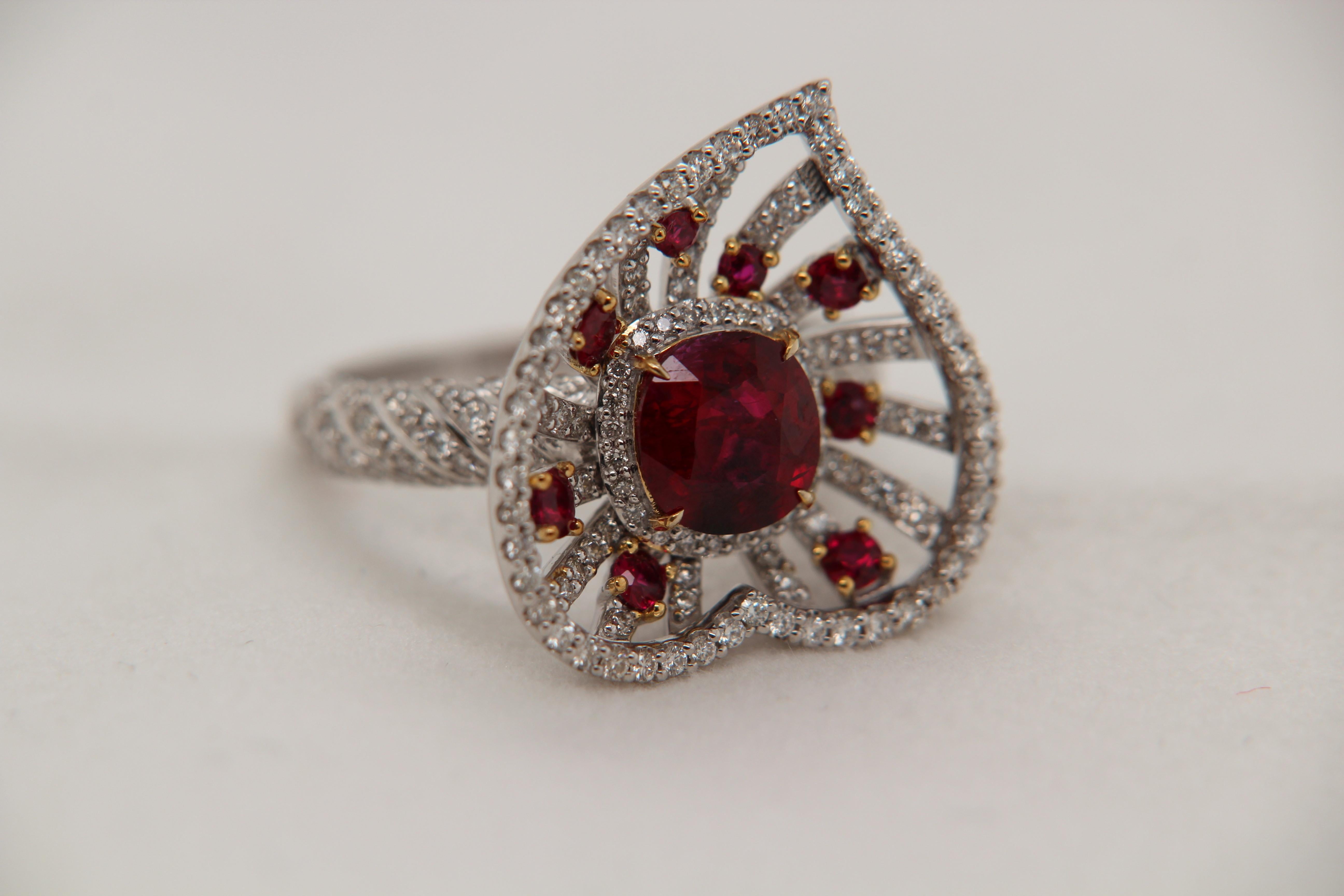 Women's or Men's GRS Pigeon Blood 1.70 Carat Burmese No Heat Ruby and Diamond Ring in 18K Gold