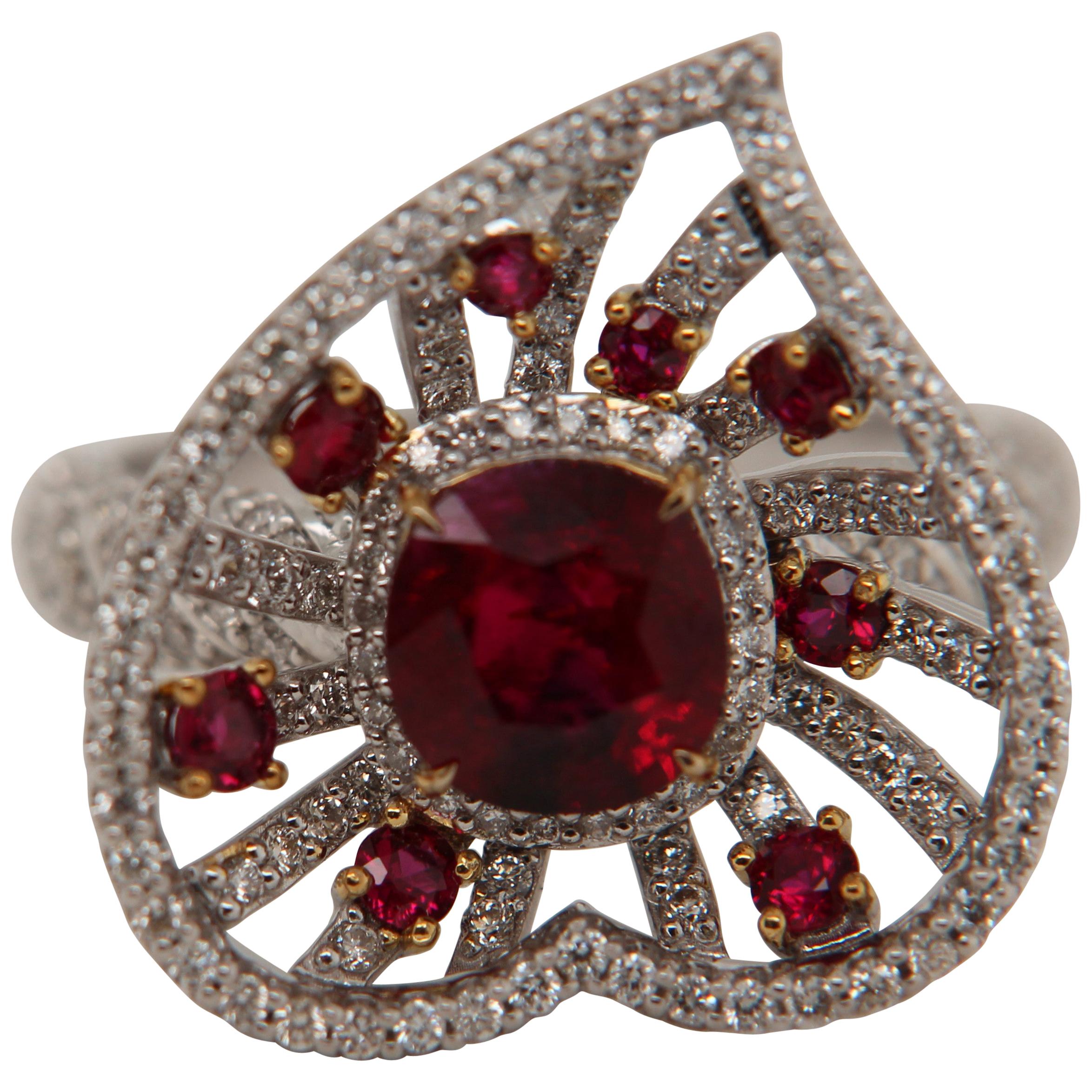 GRS Pigeon Blood 1.70 Carat Burmese No Heat Ruby and Diamond Ring in 18K Gold