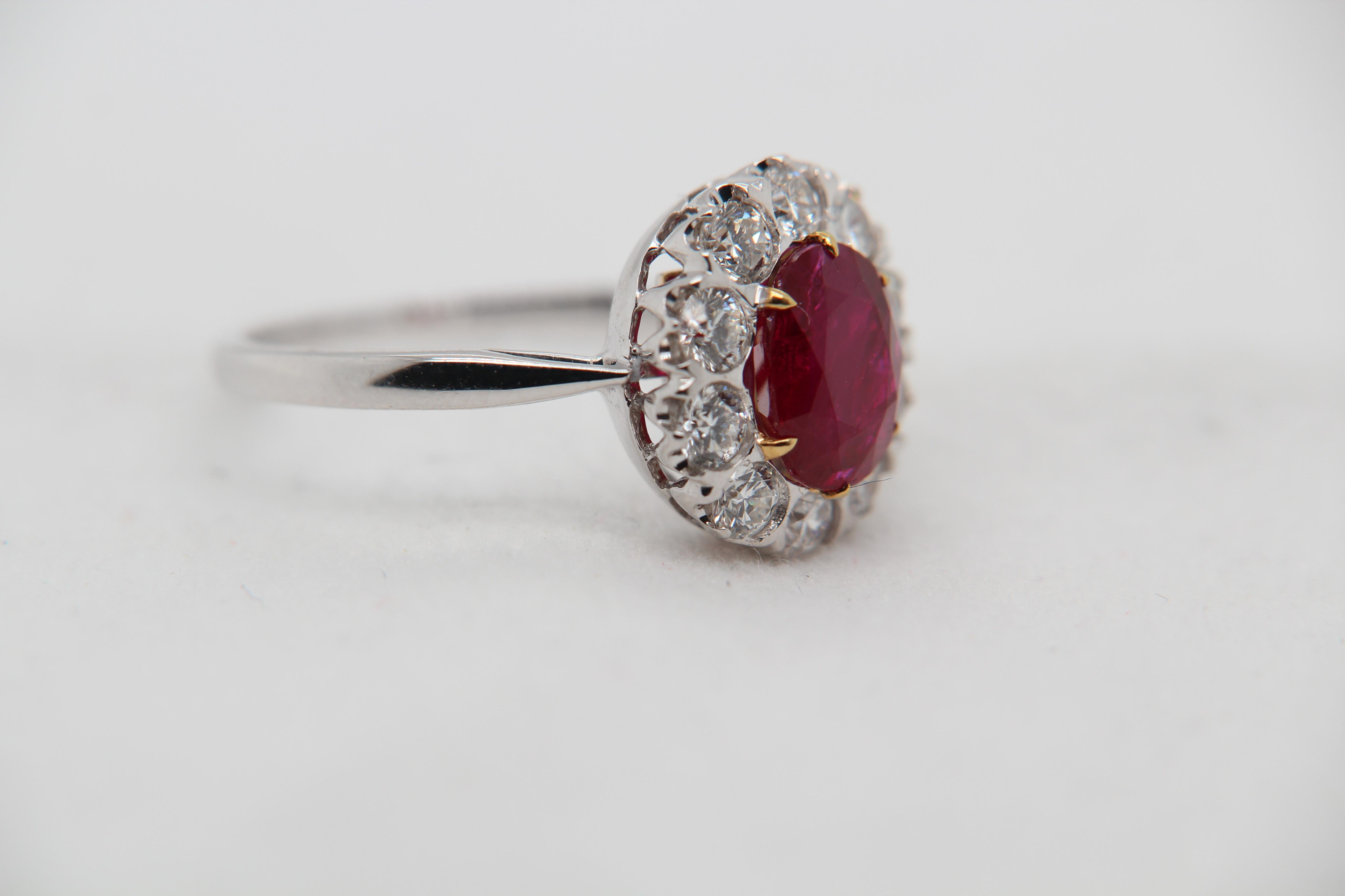 Oval Cut GRS Pigeon Blood 2.32 Carat Burmese No Heat Ruby and Diamond Ring 18 Karat Gold