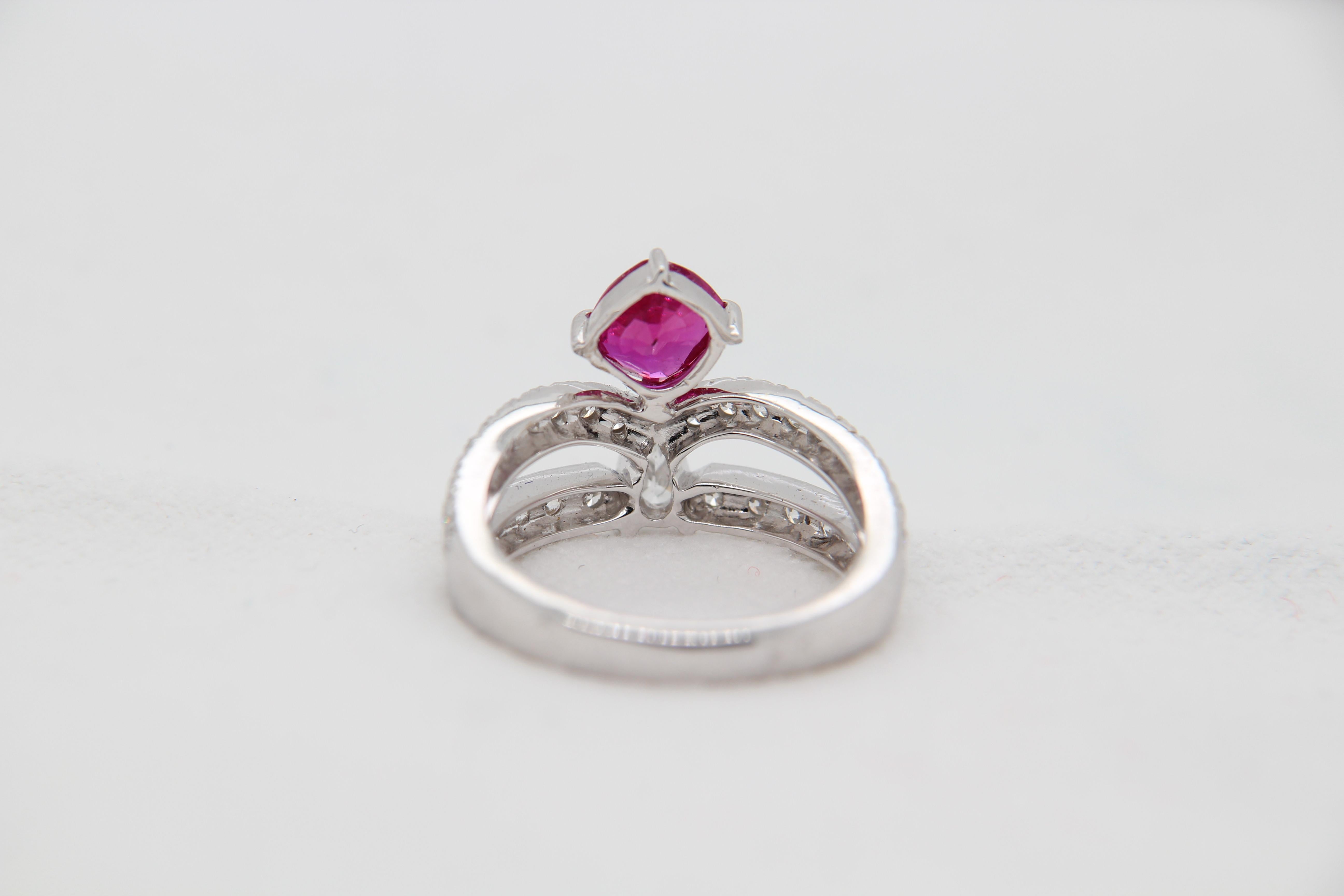 Round Cut GRS Pigeon's Blood 1.26 Carat Burmese Unheated Ruby And Diamond Ring