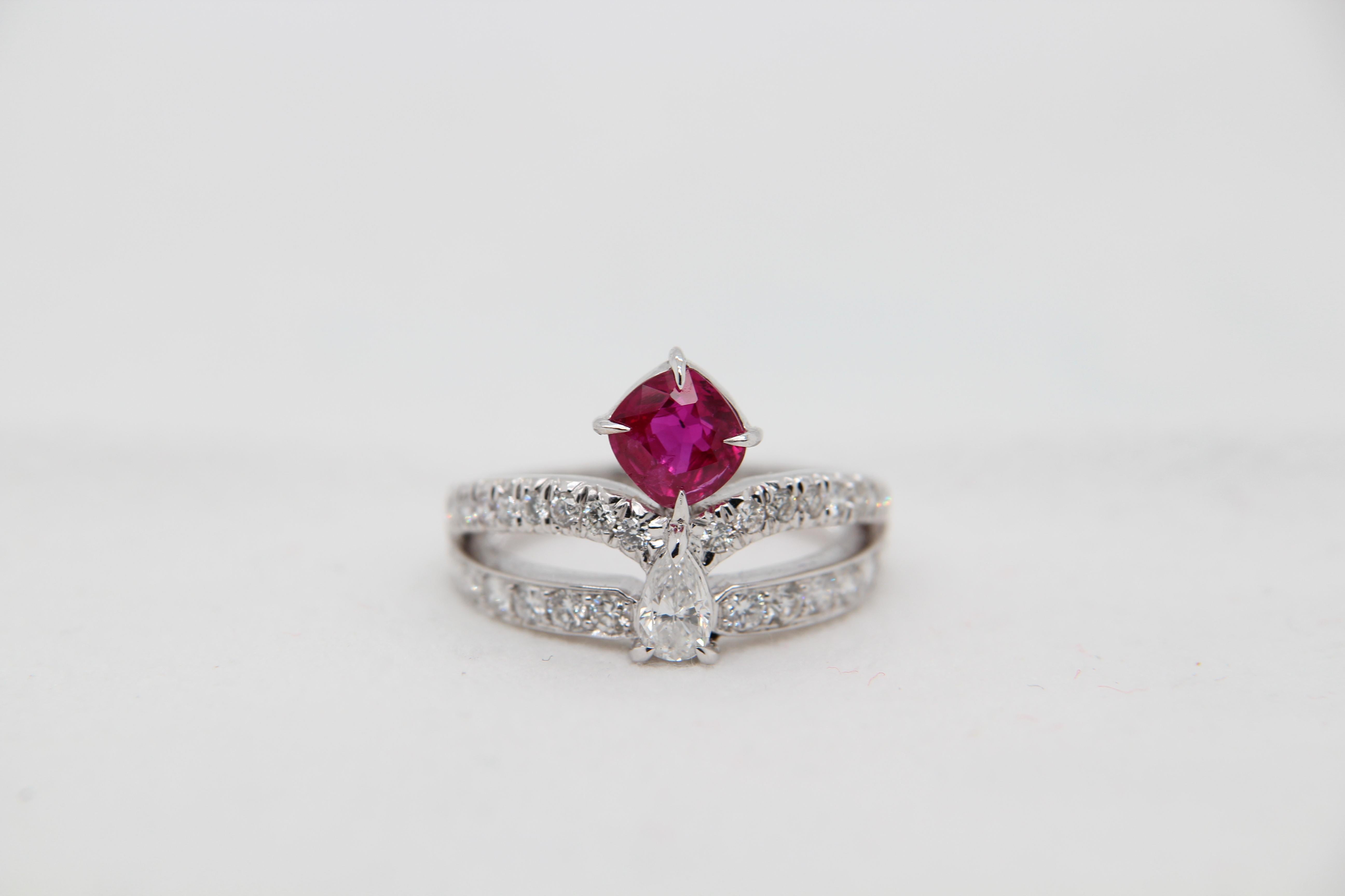 Women's or Men's GRS Pigeon's Blood 1.26 Carat Burmese Unheated Ruby And Diamond Ring