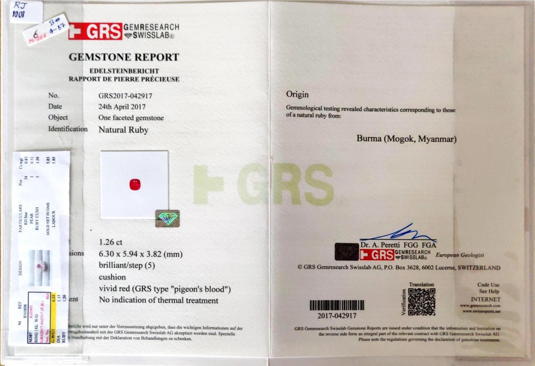 GRS Pigeon's Blood 1.26 Carat Burmese Unheated Ruby And Diamond Ring 2