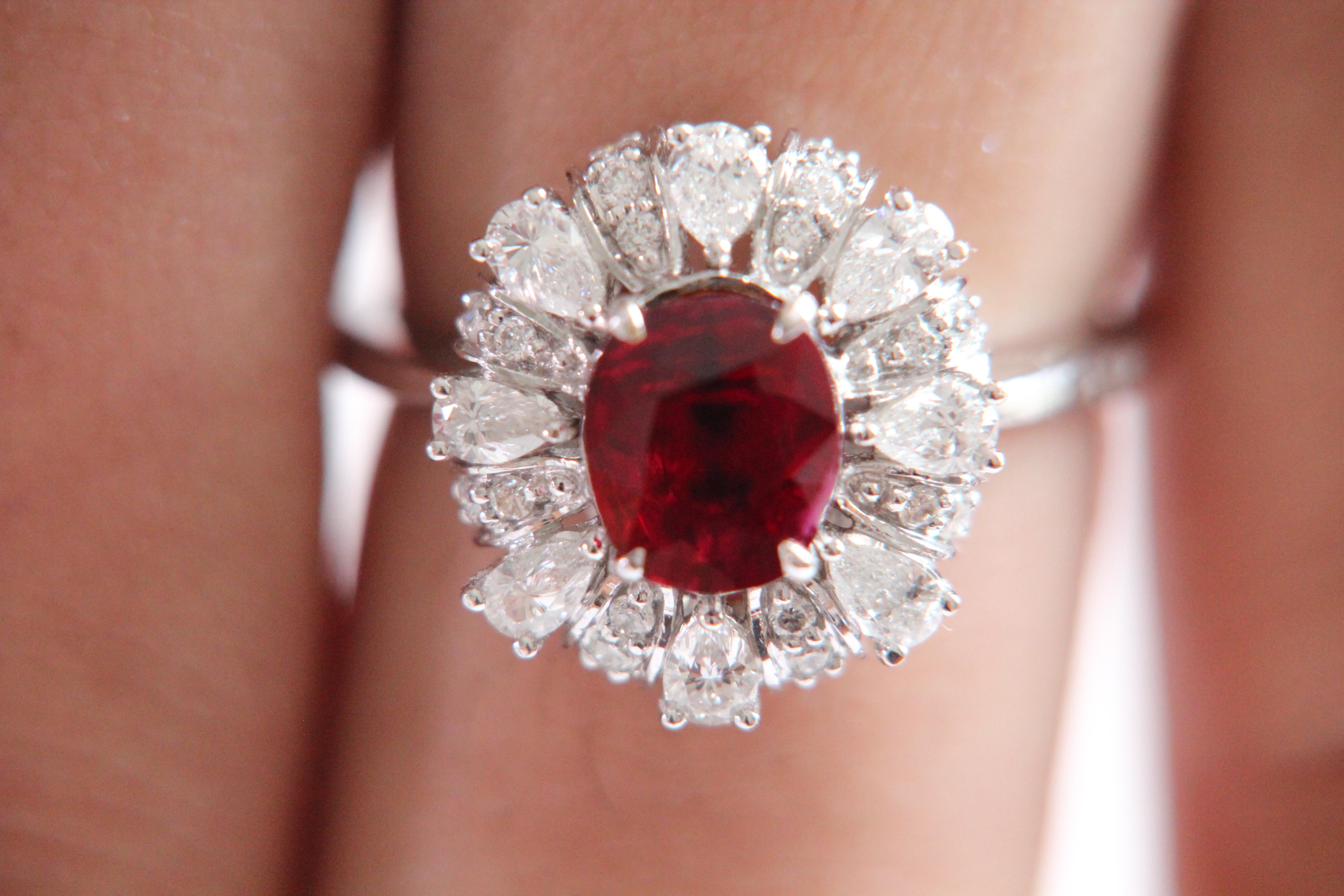 GRS Pigeon's Blood 1.48 Carat Burmese Unheated Ruby and Diamond Ring 3