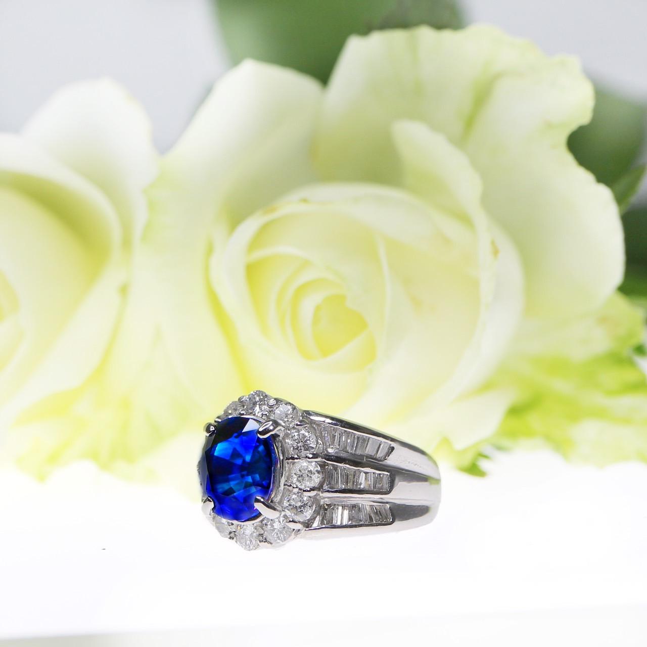 Women's or Men's GRS PT900 3.30 ct Royal Blue Sapphire Art Deco Engagement Ring