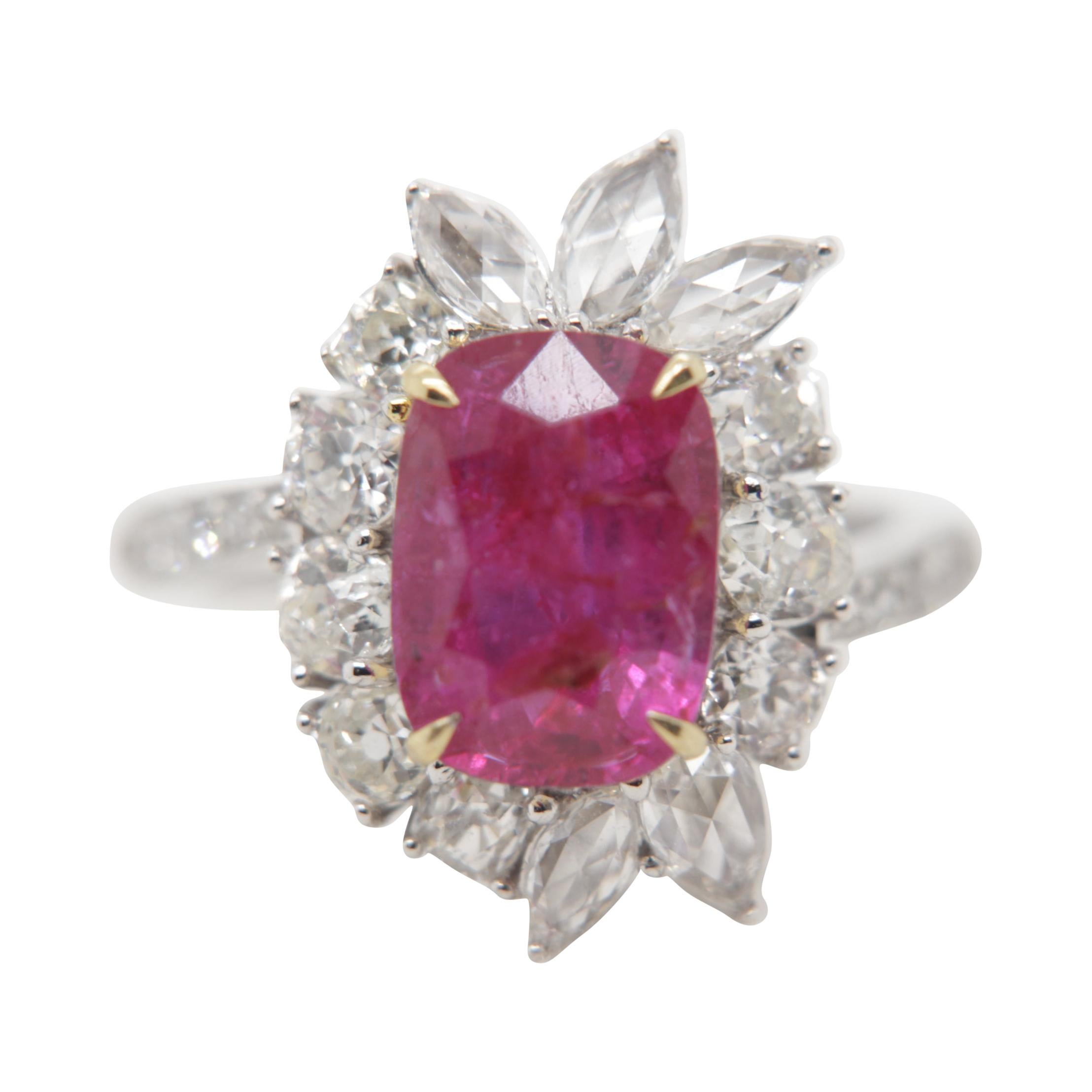 GRS Red 3.61 Carat Ruby No Heat and Diamond Ring in 18 Karat Gold For Sale