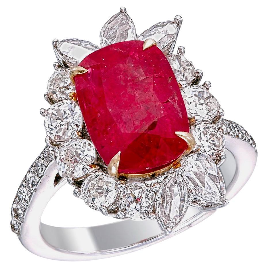 Bague en or 18 carats avec diamants et rubis rouge GRS de 3,61 carats, sans chaleur