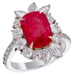 Bague en or 18 carats avec diamants et rubis rouge GRS de 3,61 carats, sans chaleur