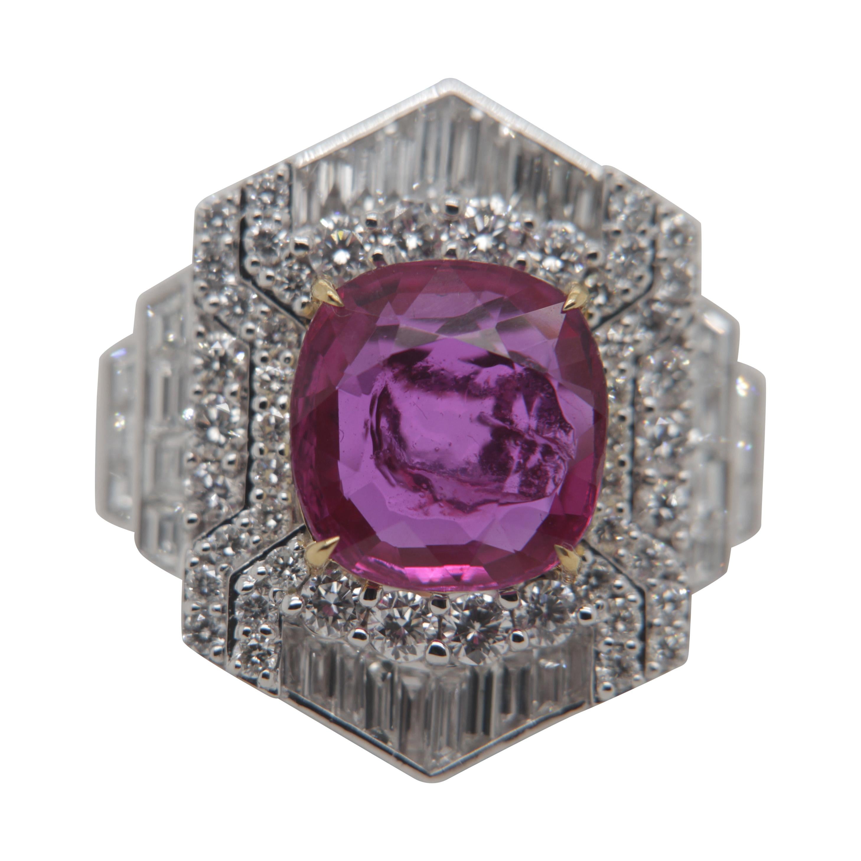 GRS Red 4.23 Carat Burmese No Heat Ruby and Diamond Ring in 18K Gold