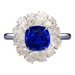 GRS Switzerland 3.50 Carats Vivid Royal Blue Sapphire Pear Cut Cocktail Ring