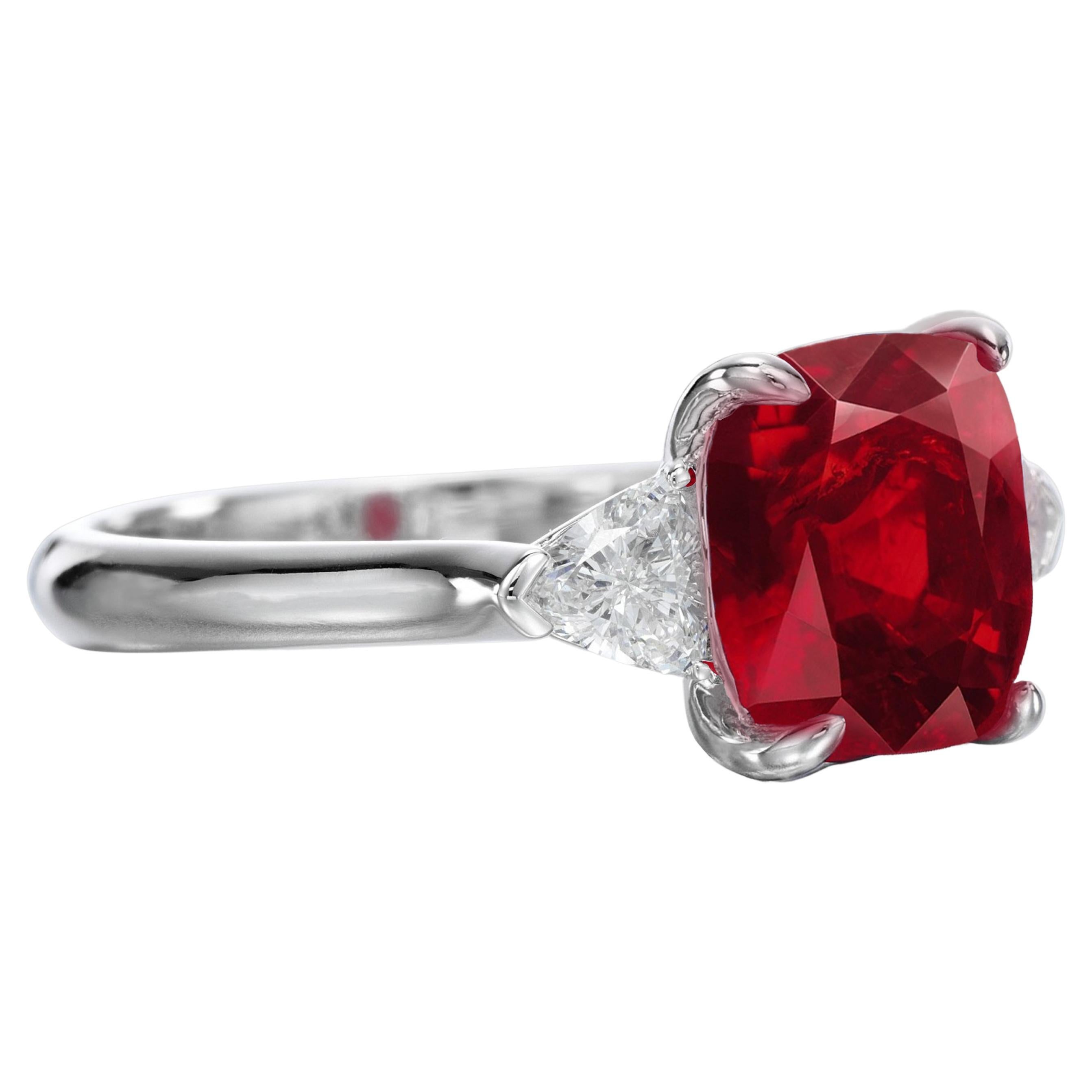 GRS Switzerland 5 Carat Certified Cushion Ruby Trillion Diamond Solitaire Ring