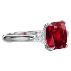 GRS Switzerland 5 Carat Certified Cushion Ruby Trillion Diamond Solitaire Ring