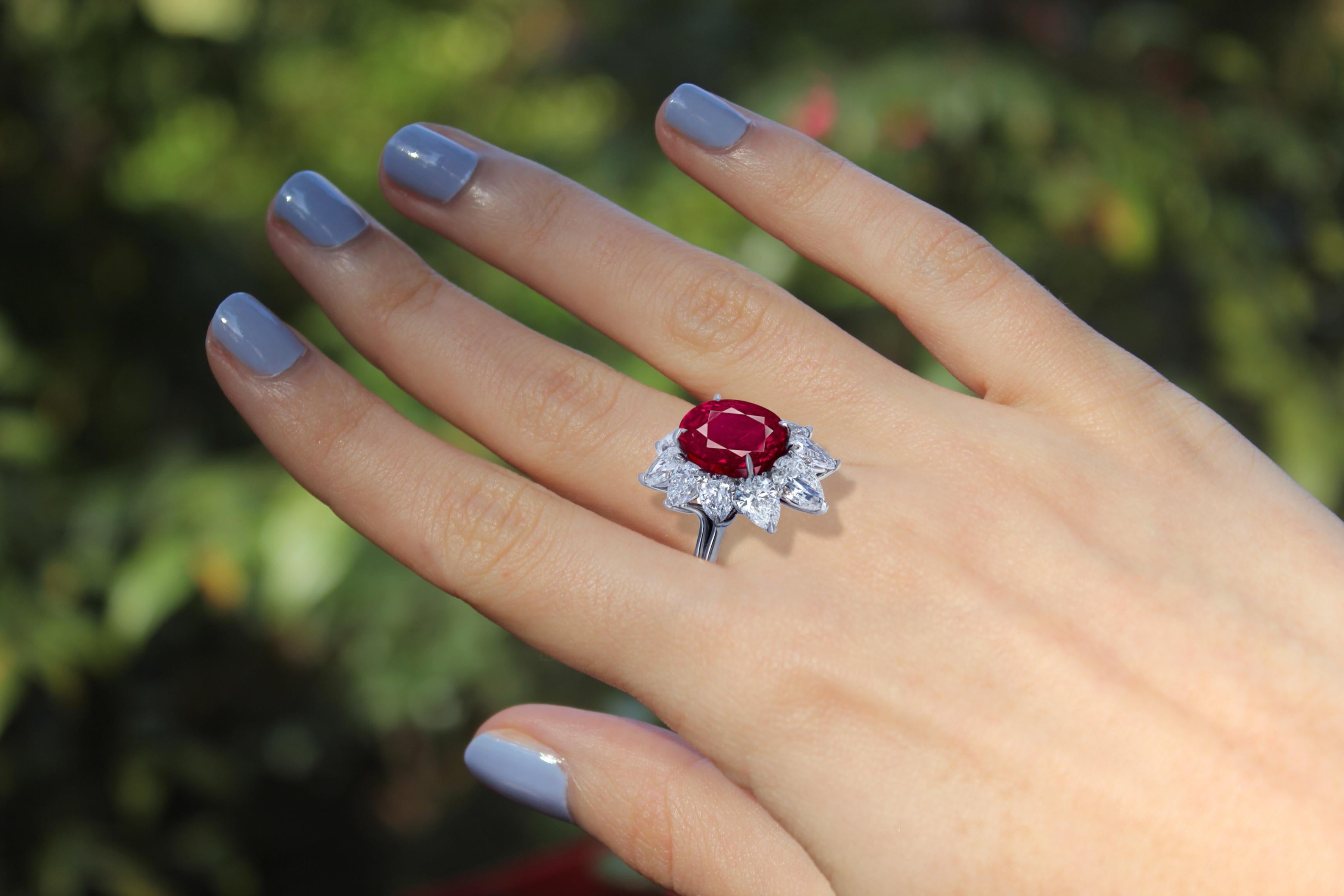 Oval Cut GRS Switzerland 6.50 Certified Burma No Heat Ruby And Diamond Cocktail Ring For Sale