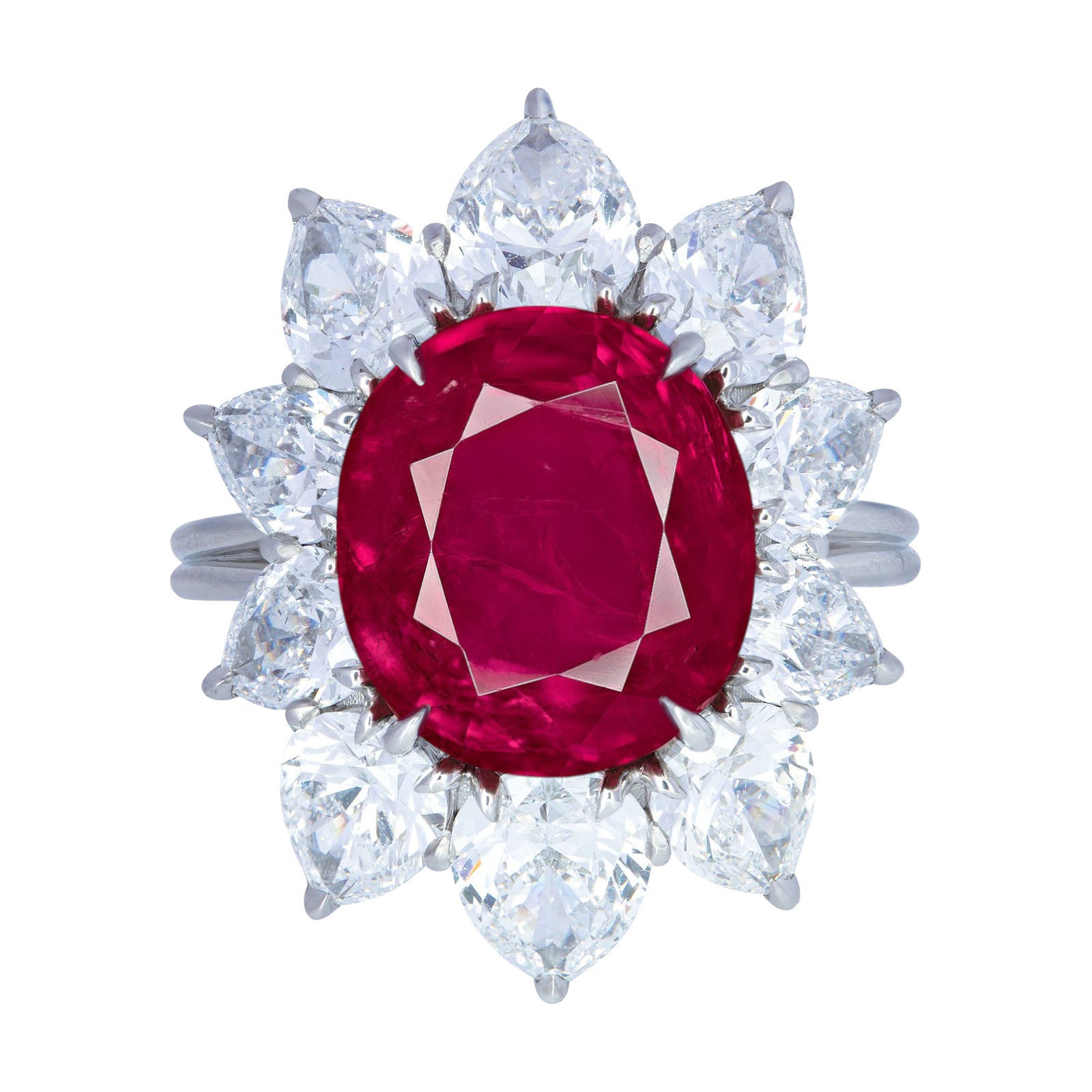 GRS Suiza 6.30 Anillo de cóctel de diamantes y rubíes de Birmania certificados sin calor en venta