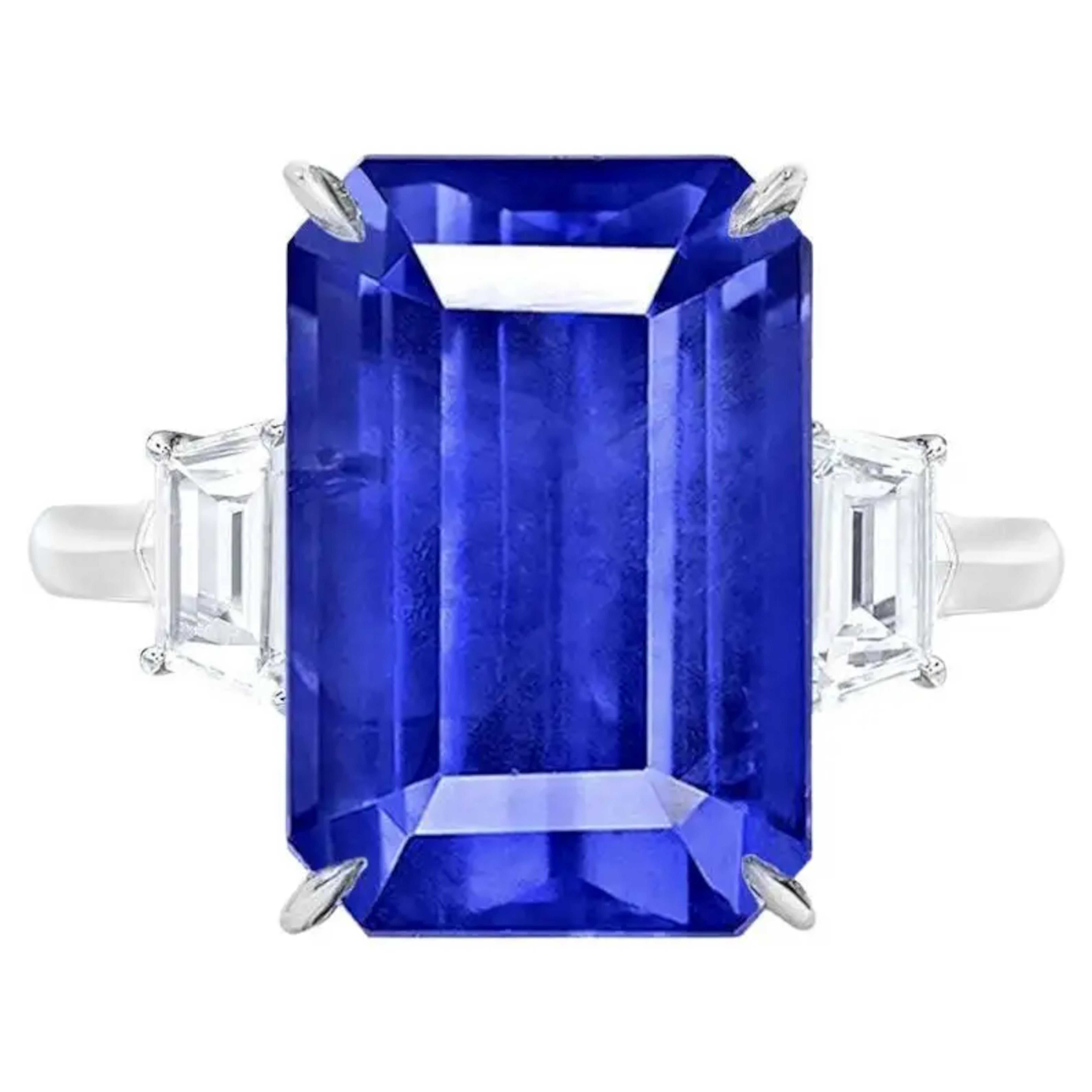 Modern GRS SWITZERLAND 9 Carat Ceylon Royal Blue Emerald Cut Sapphire Diamond Ring For Sale