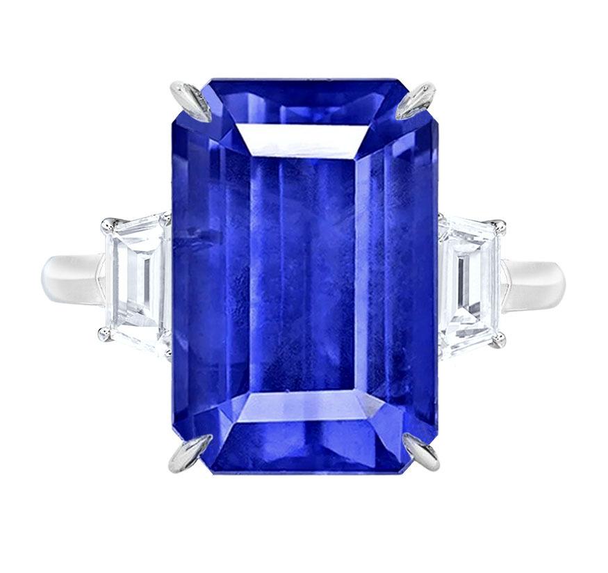 Modern GRS SWITZERLAND 9.12 Carat Ceylon Royal Blue Emerald Cut Sapphire Diamond Ring For Sale