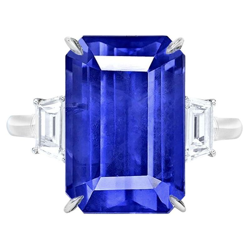 GRS SWITZERLAND 9.12 Carat Ceylon Royal Blue Emerald Cut Sapphire Diamond Ring