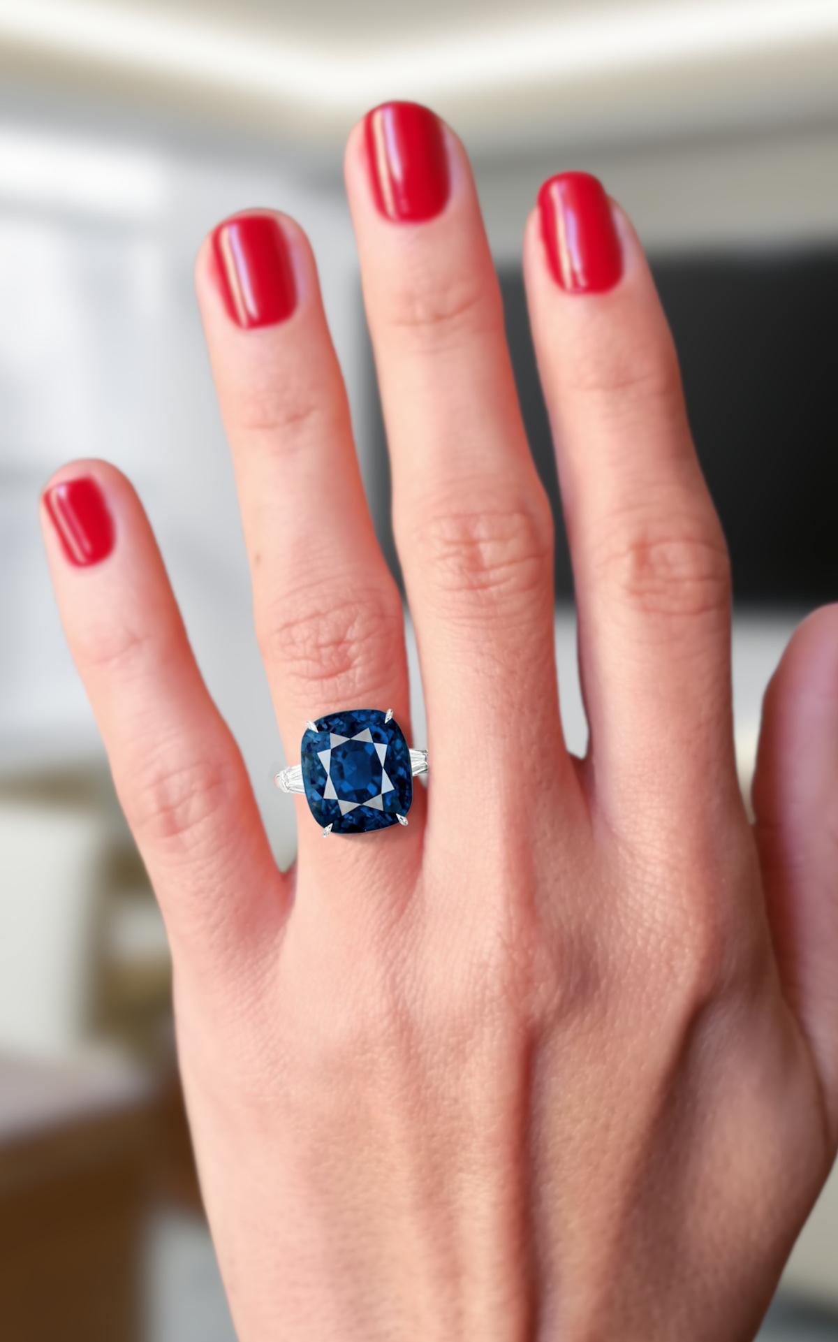 GRS SWITZERLAND Certified 11.80 Carat Sri-Lanka Cushion Cut Blue Sapphire Ring 

the main stone is quite large and is vs2 clarity
the sapphire has an extremely magnetic color!

the side diamonds are very pure approx. 0.75 carats in total and clarity