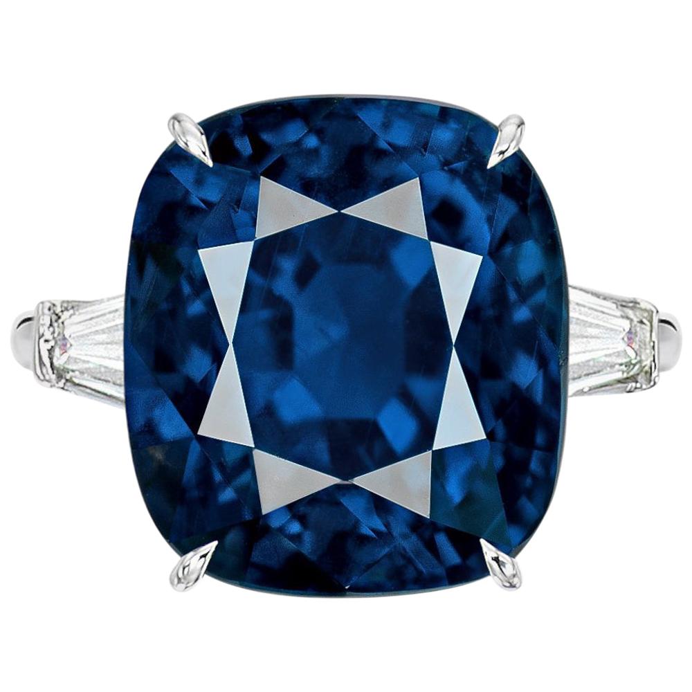 GRS Switzerland Certified 11.80 Carat Sri-Lanka Cushion Cut Blue Sapphire Ring