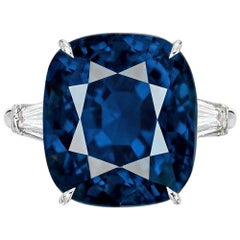GRS Switzerland Certified 11.80 Carat Sri-Lanka Cushion Cut Blue Sapphire Ring