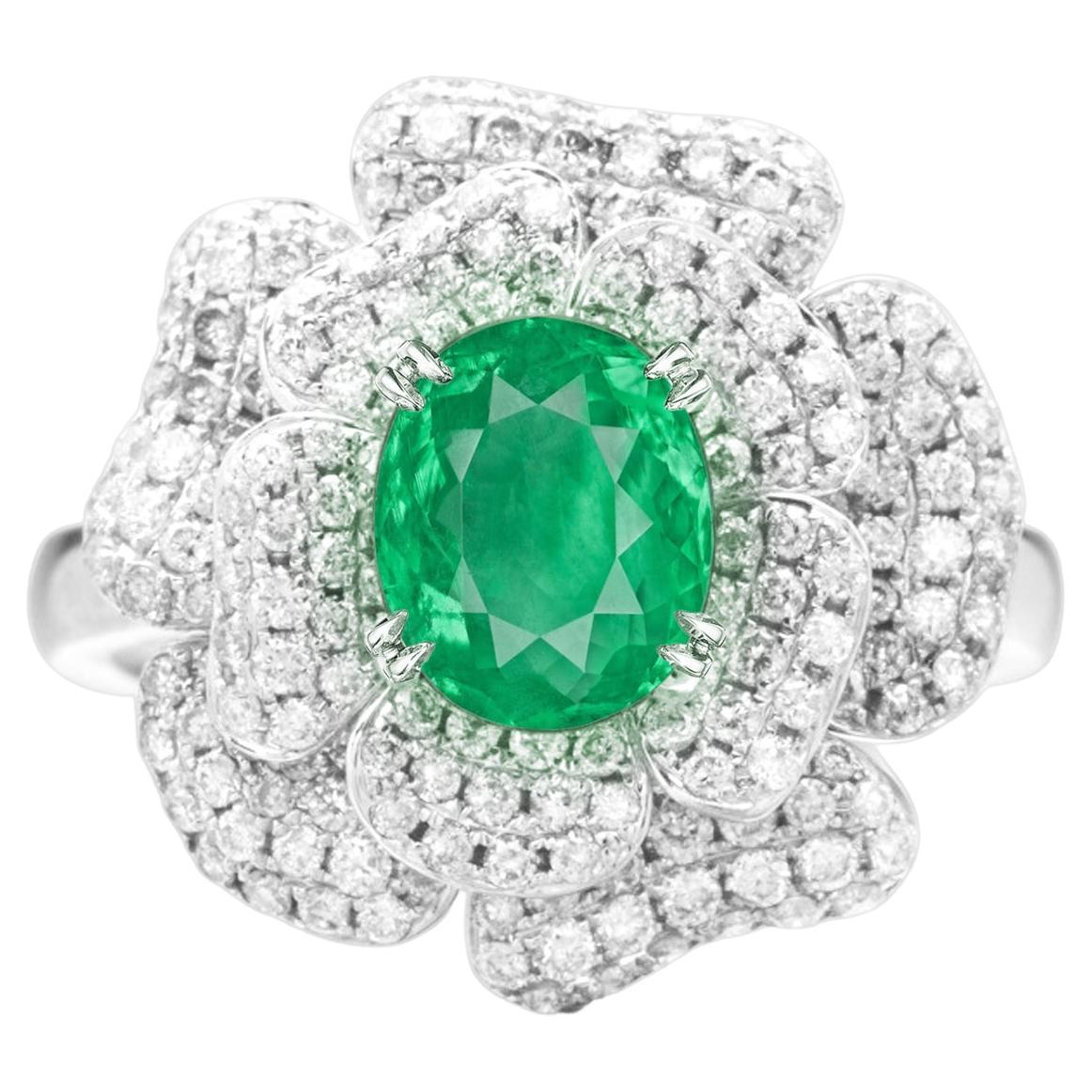 GRS Switzerland Certified 3.30 Carat Colombian Emerald Cocktail Diamond Ring For Sale