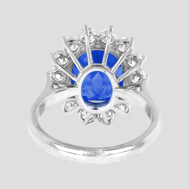 This incredible piece from Antinori di Sanpietro features a 9 carat Ceylon oval sapphire of blue color with no heat treatment. 

Set in a handmade, platinum, rond brilliant cut diamond halo = 2 carat total weight, this important ring is a true