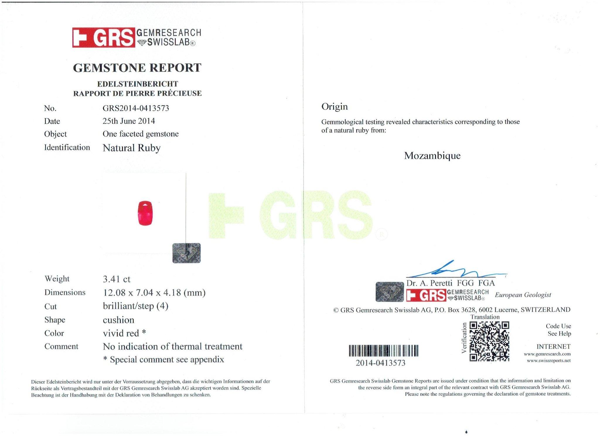 Cushion Cut GRS Switzerland GIA Certified 3.40 Carat Vivid Red Peagon's Ruby Diamond Ring